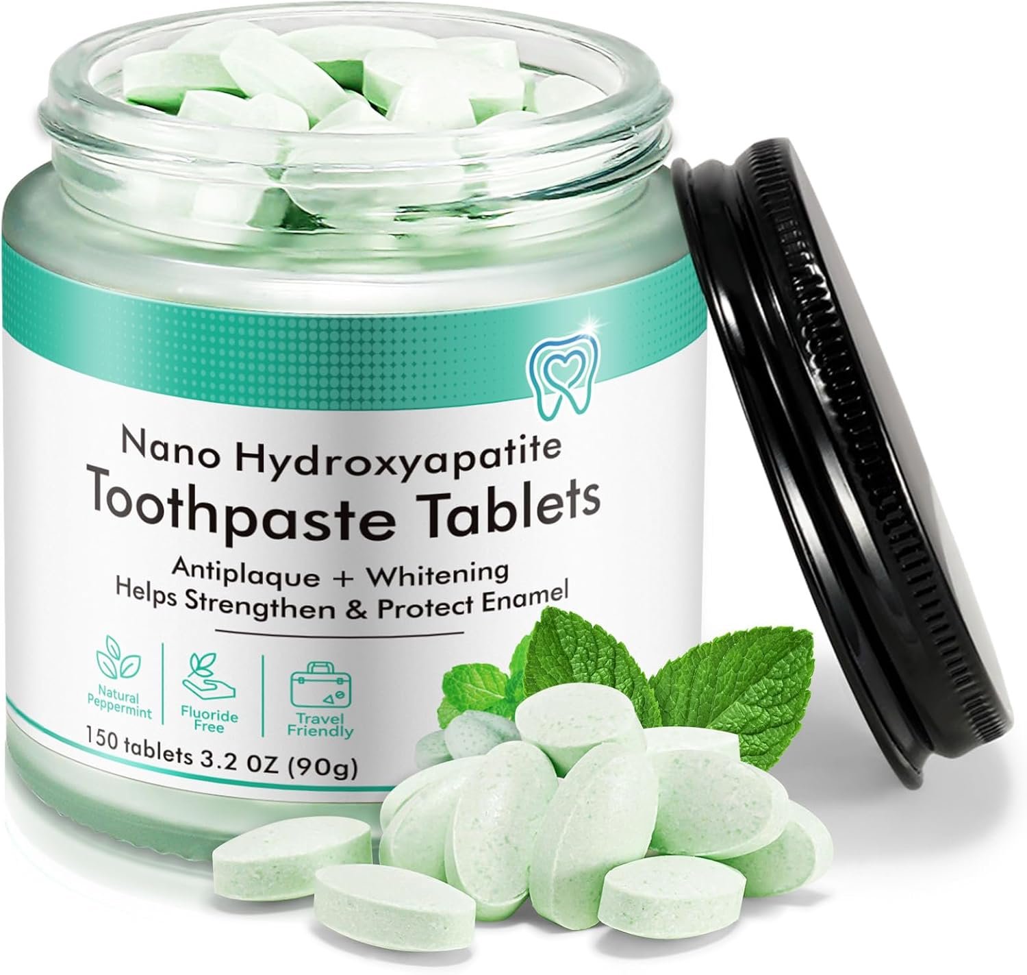 Toothpaste Tablets 150pcs Chewable Whitening – Nano Hydroxyapatite Toothpaste for Sensitive Teeth & Antiplaque -, Natural Peppermint, Fluoride Free – Strengthen & Protect Enamel – Fresh Breath