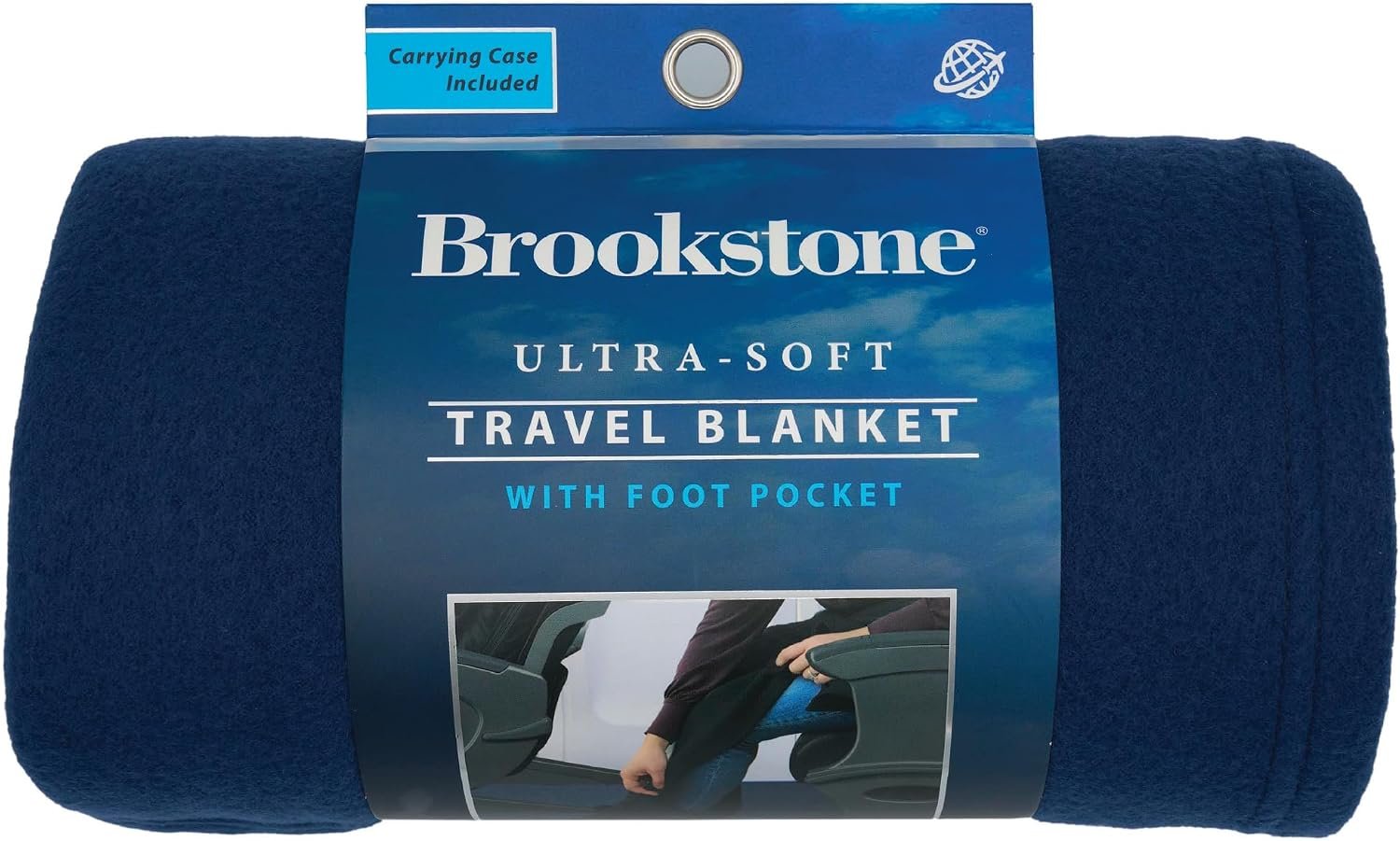 Brookstone Travel Blanket – 2-in-1 Super Soft Fleece Lightweight Throw Blanket with Carrying Pouch, Airplane & Car Travel Essentials, Blue Foot Pocket