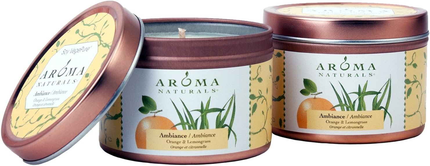 Aroma Naturals Tin Candle with Orange and Lemongrass Essential Oil Natural Soy Scented, Ambiance, 2 Count