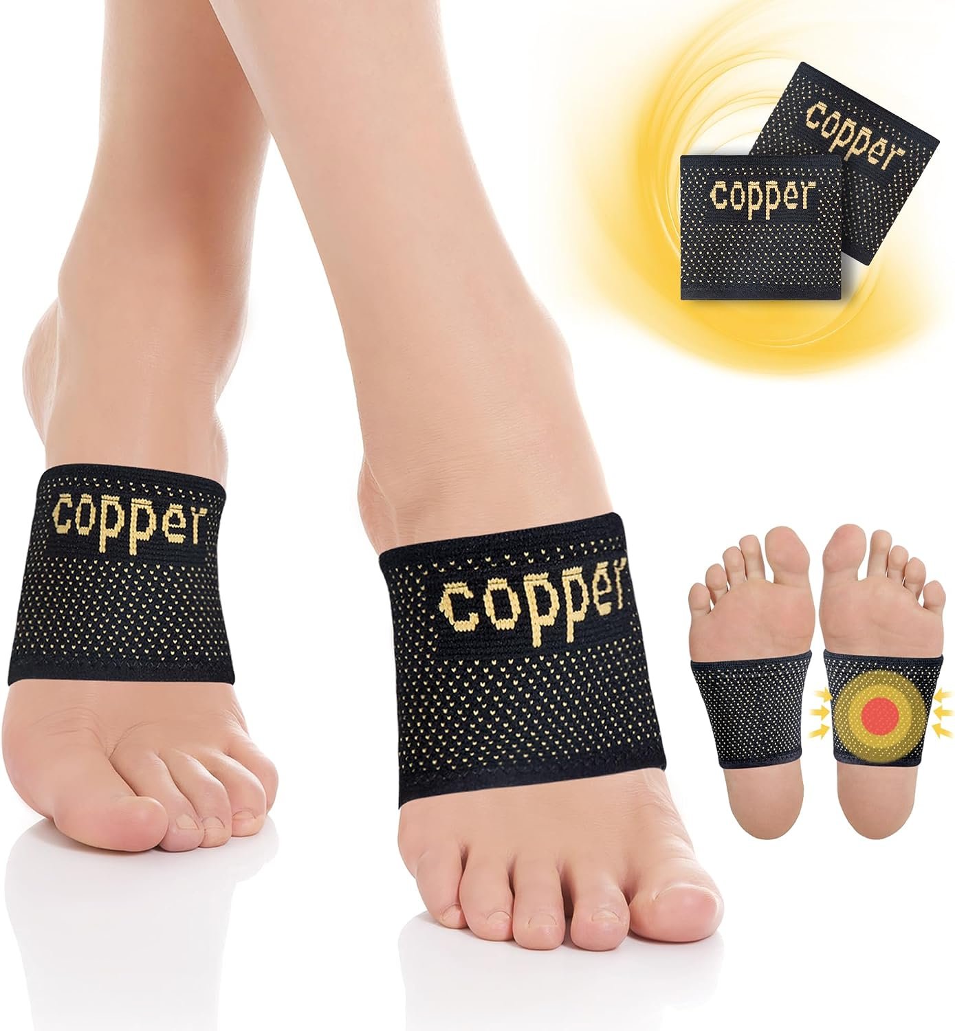 Copper Foot Arch Support Compression Sleeves for Women and Men 2 Pack