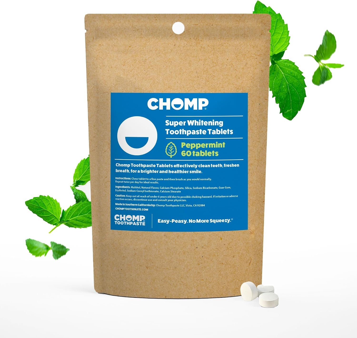 Chomp Super Whitening Toothpaste Tablets – Fluoride Free Peppermint Toothpaste Tablets for Whiter Teeth, Fresh Breath & Daily Oral Care, Compostable Refill Pouch, 60 Count