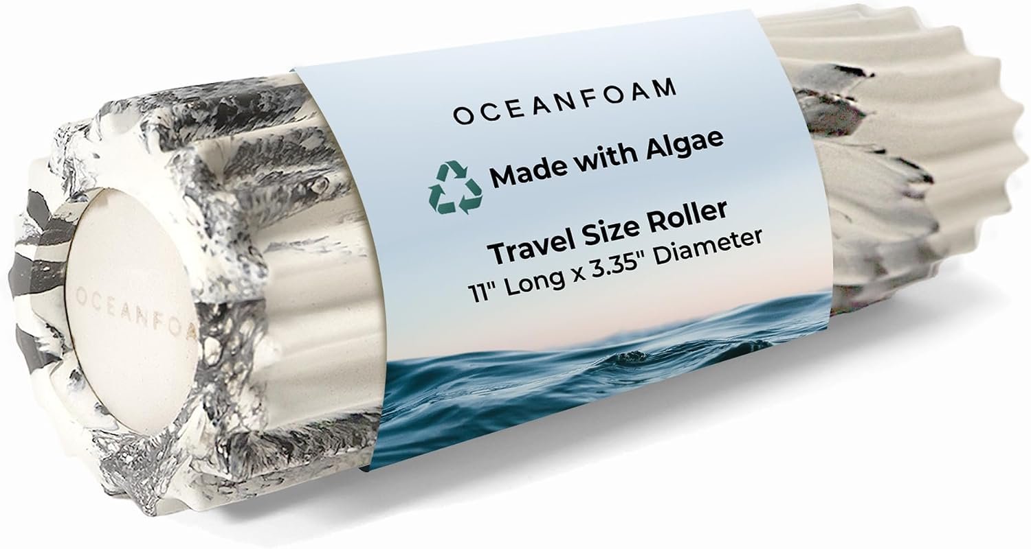 Oceanfoam Ripple Travel Foam Roller (11″ x 3.35″) Firm Mini Foam Roller for Physical Therapy, Deep Tissue Massage, Back Pain – High Density, Ergonomic Wave Textured – Yoga, Exercise (Black Marbled)