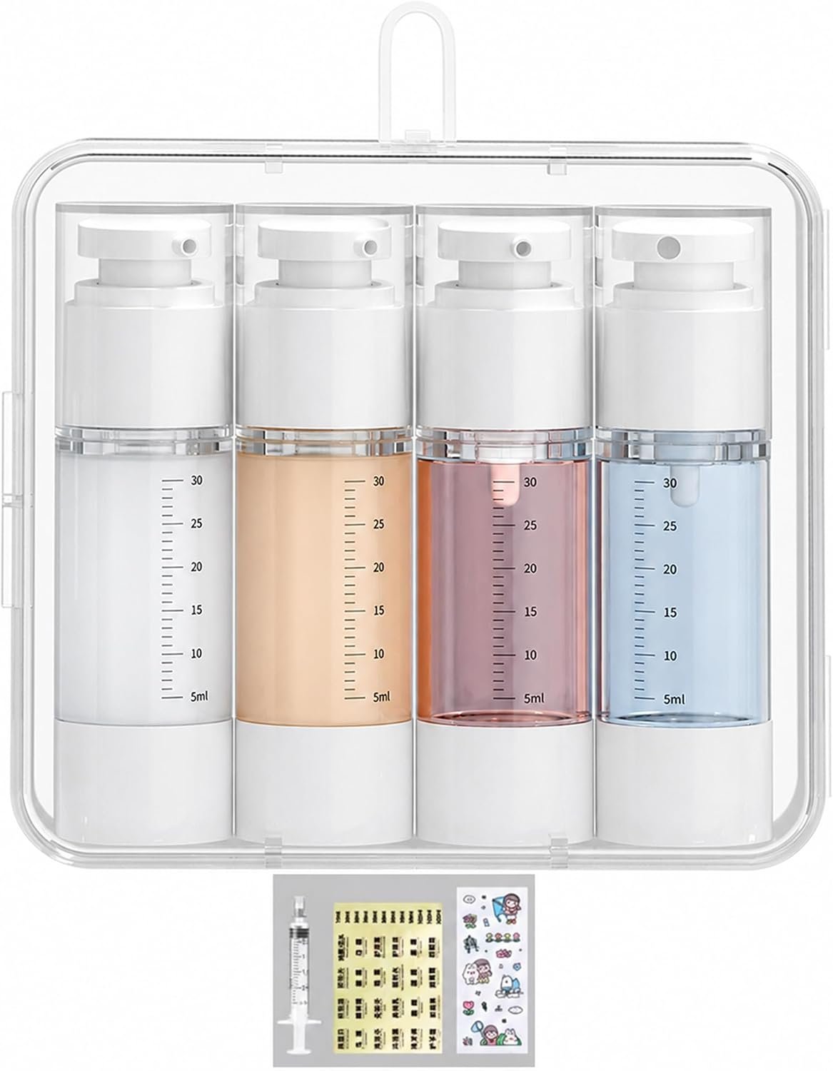 Travel Bottles for Toiletries 4 Pack 30ml, Airless Pump Bottles Refillable with Measurement Scale, Leak Proof TSA Approved Travel Size Containers for Shampoo, Lotion, Cosmetic, Toiletries