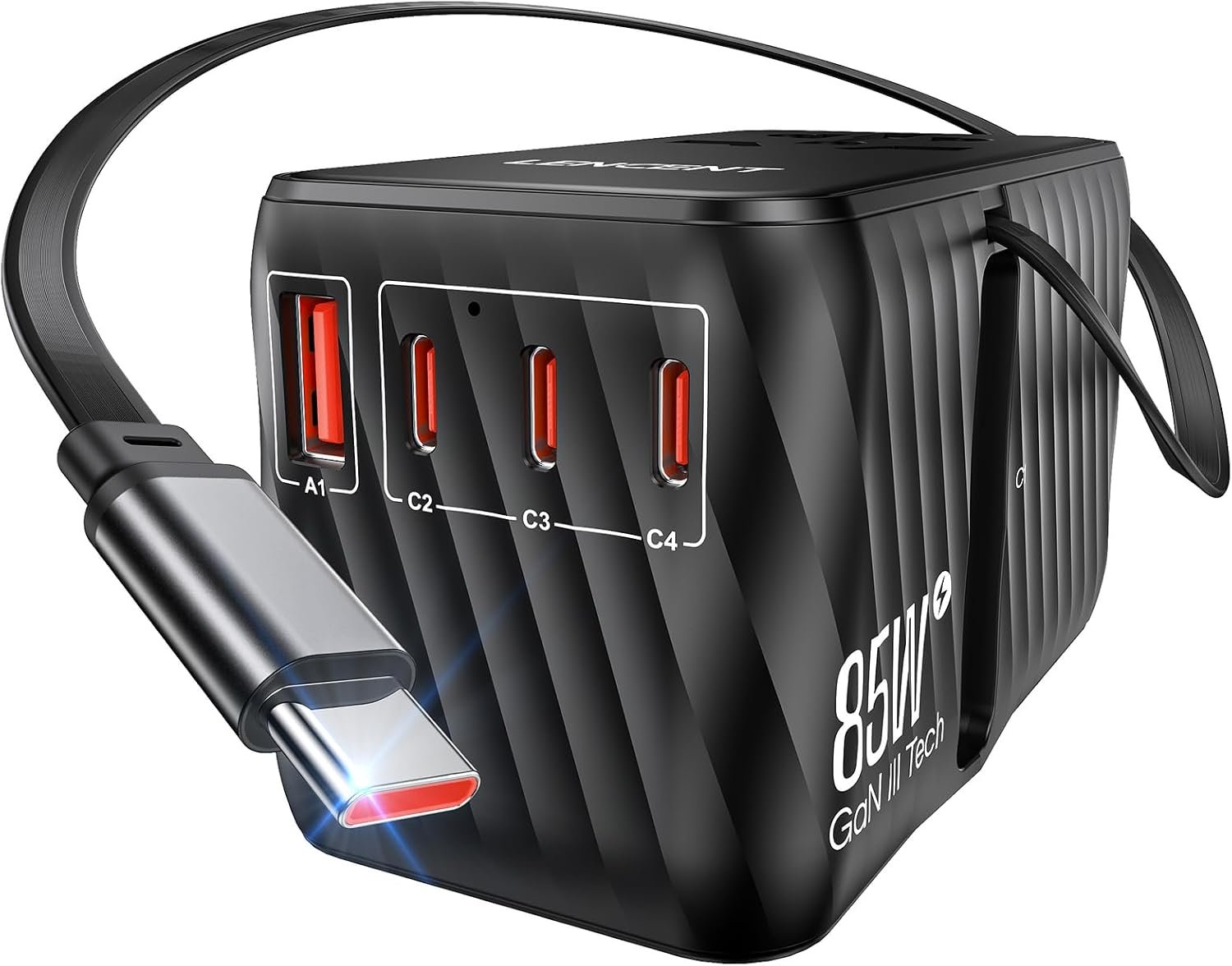LENCENT 85W Universal Travel Adapter with Retractable USB C Cable, GaN