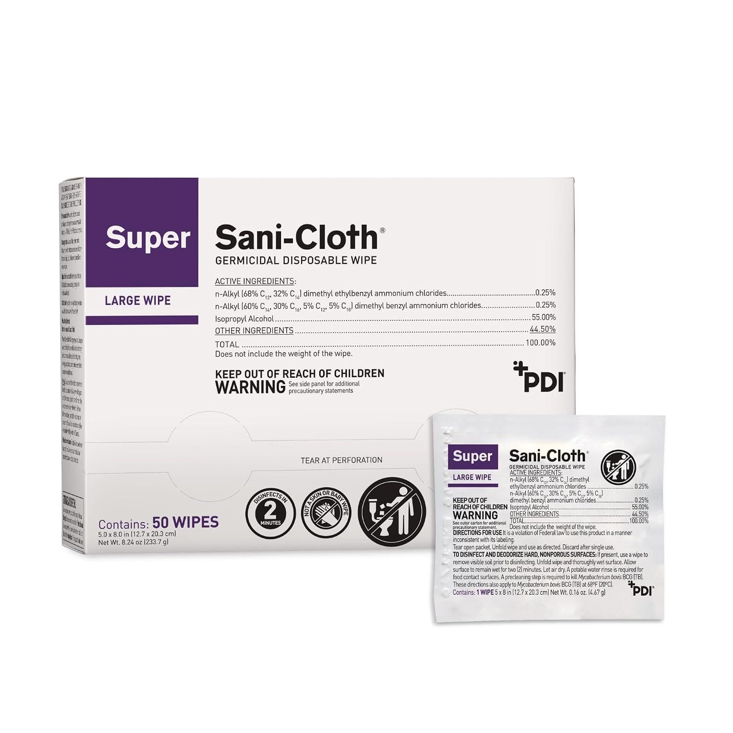 PDI Super Sani-Cloth Germicidal Disposable Wipe, Large, Individual, 5″ x 8″