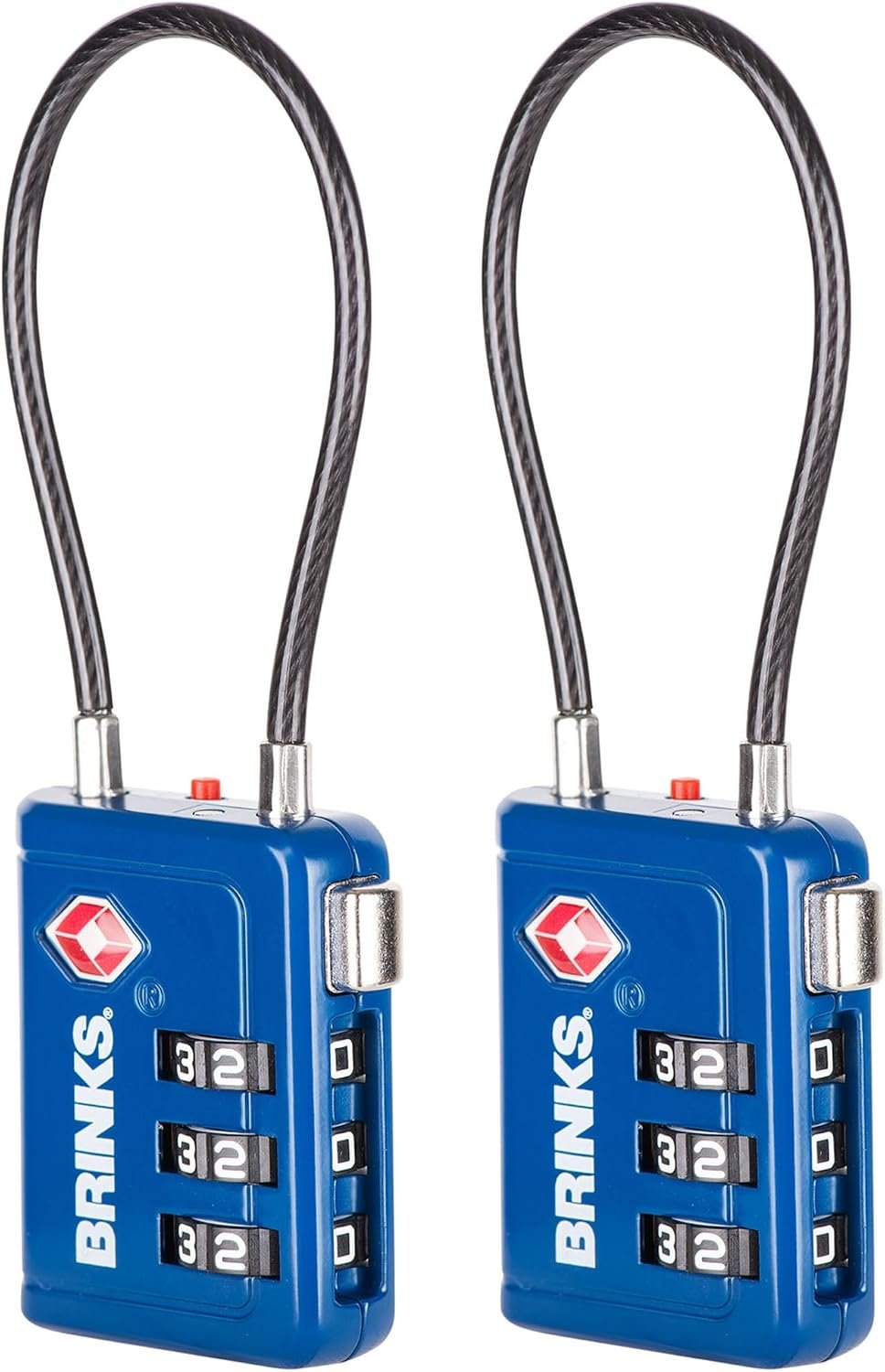 Brinks TSA Accepted Indicator Luggage Lock, Blue – Resettable 3-Dial Combination, 2.5 inch Long Cable Shackle, New More Secure TSA008 Key, 2 Pack