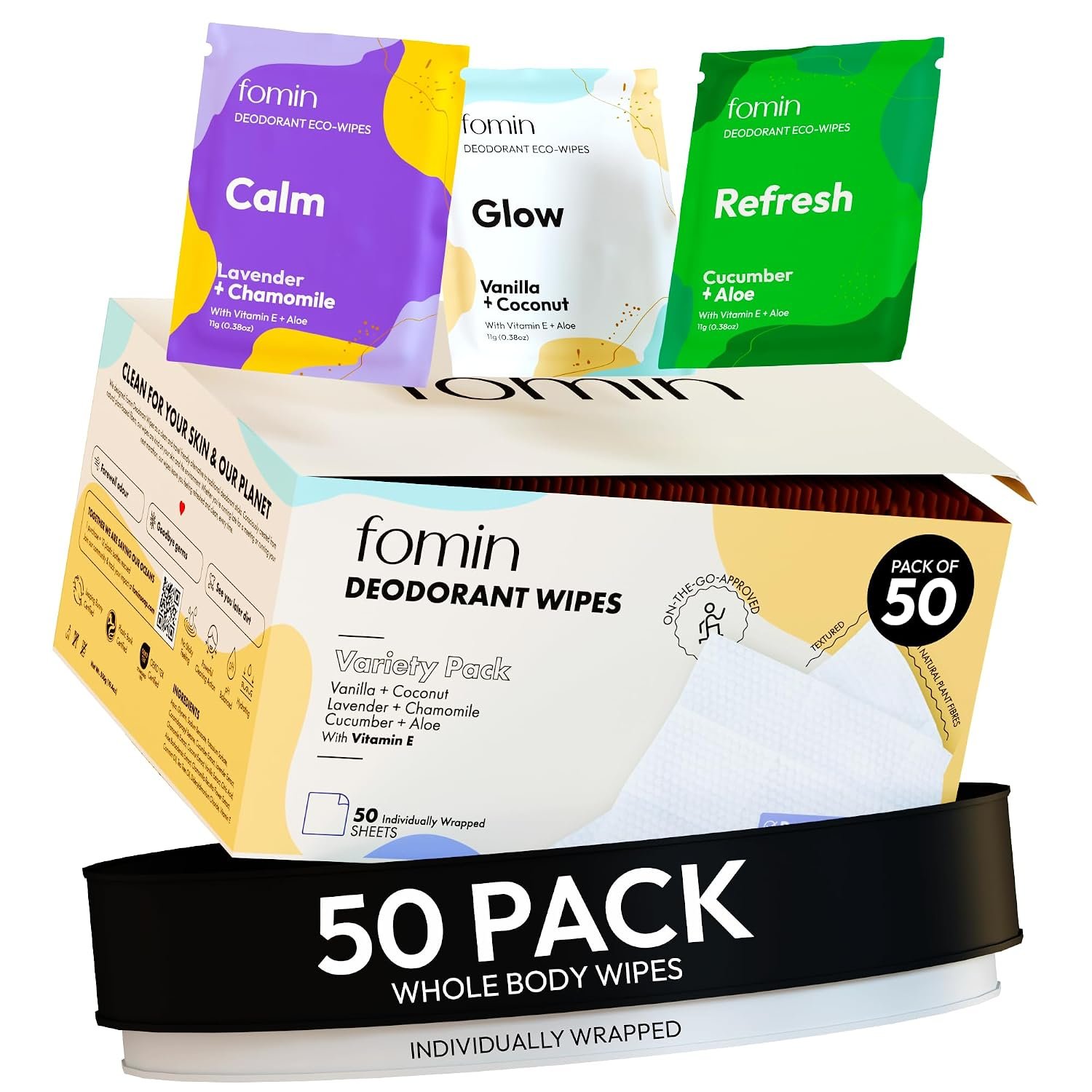 FOMIN Travel Deodorant Wipes for Women & Men – 50 Count Variety Pack