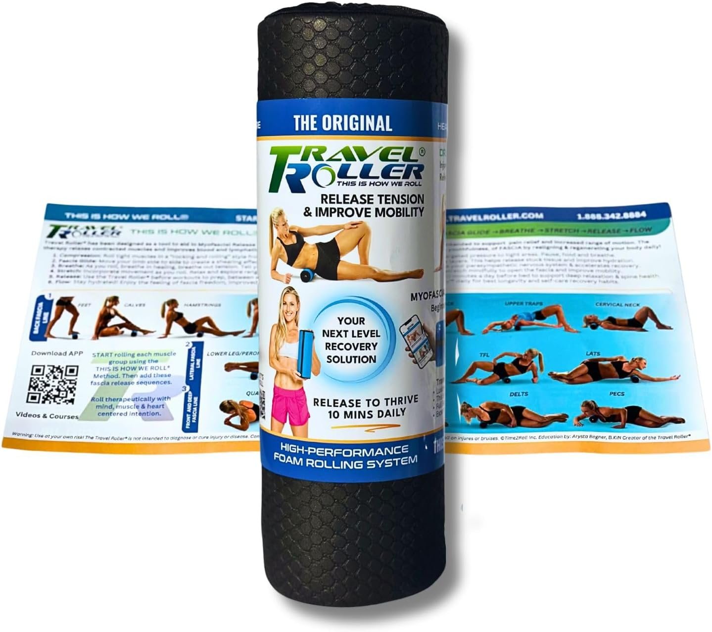 Travel Roller® Deluxe Foam Roller *Black* with Free Online Instructional Videos & Poster, Original (12.5″ x 4.3″)