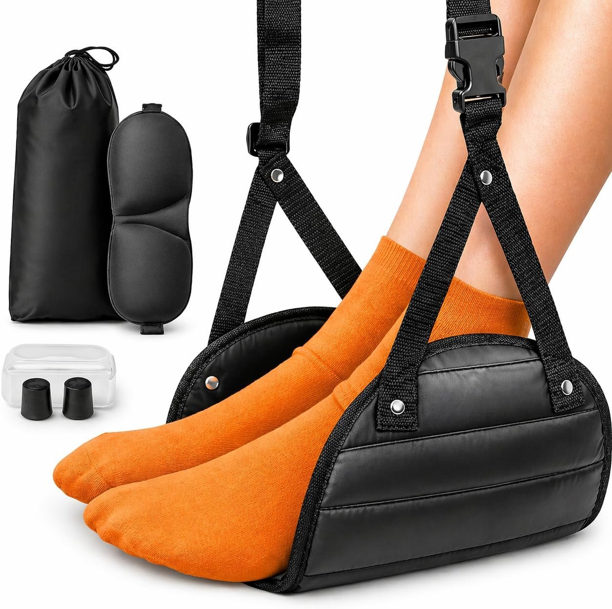 Airplane Foot Hammock 3-in-1 Travel Kit – Adjustable Memory Foam Foot Rest with Eye Mask & Ear Plugs for Long Flights, Office & Car