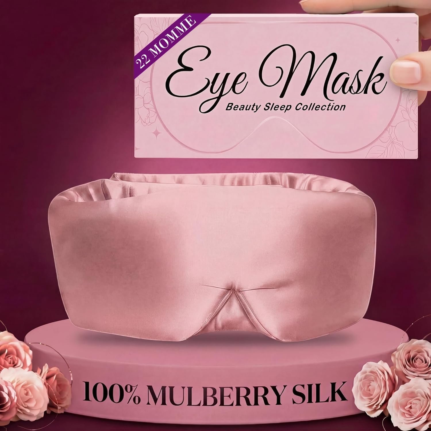 SLEEP SANCTUARY 100% Pure Mulberry Silk Sleep Mask – 22 Momme Light Blocking Hook & Loop Silk Eye Mask for Sleeping – Secure Fit for Side Sleepers, Women & Men – Cloud Soft (Pink)