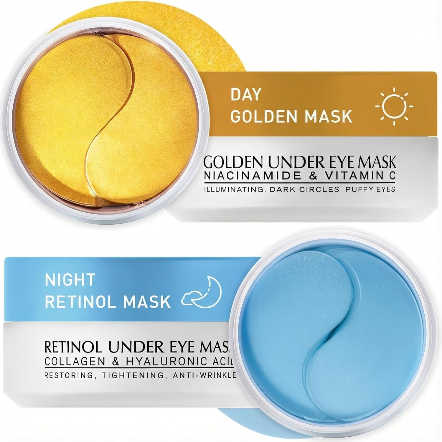 Under Eye Patches Kit: 120 Pcs Retinol & Golden Gel Eye Mask for Dark Circles, Puffiness and Wrinkles – Day & Night Skin Treatment Pads with Niacinamide, Collagen, Hyaluronic Acid & Vitamin C (2 Pack)