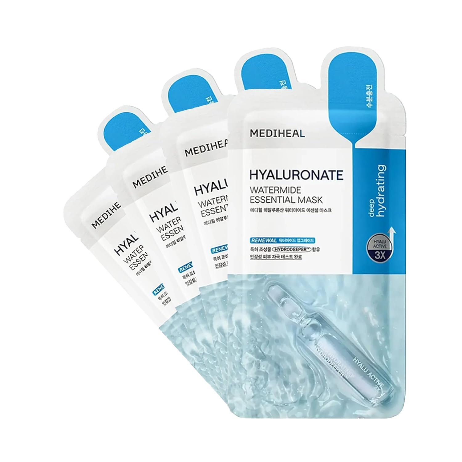Mediheal Best Korean Hyaluronate Watermide Essential Face Mask – Hydrating and Moisturizing Sheet Masks With Hyalu Active 3x For All Skin Types (4 Count)