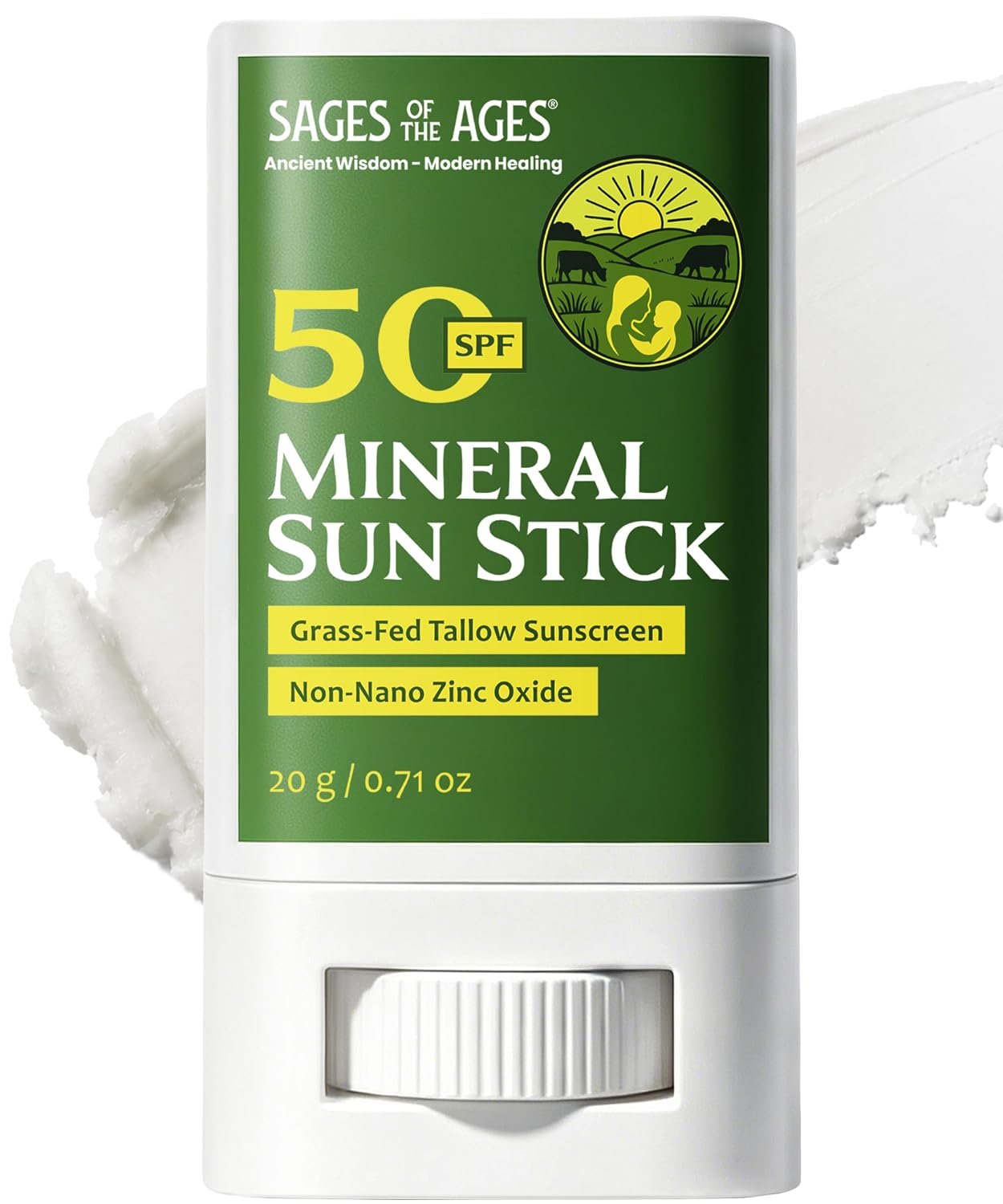 Beef Tallow Mineral Sunscreen Stick SPF 50 for Face & Body, Broad Spectrum, Non-Nano Zinc Oxide, No White Cast, Reef Safe, Water Resistant 80 Min, Fragrance Free, Travel Size 20g