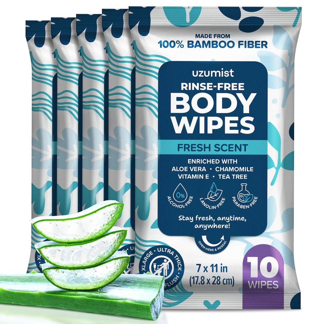 Body Wipes For Adults Bathing No Rinse – 50XL Thick Shower Wipes For Adults No Rinse, 5 Packs of 10 Adult Wipes for Men, Women, Personal Cleansing, Daily Hygiene, Bedridden & Elderly Care, Travel