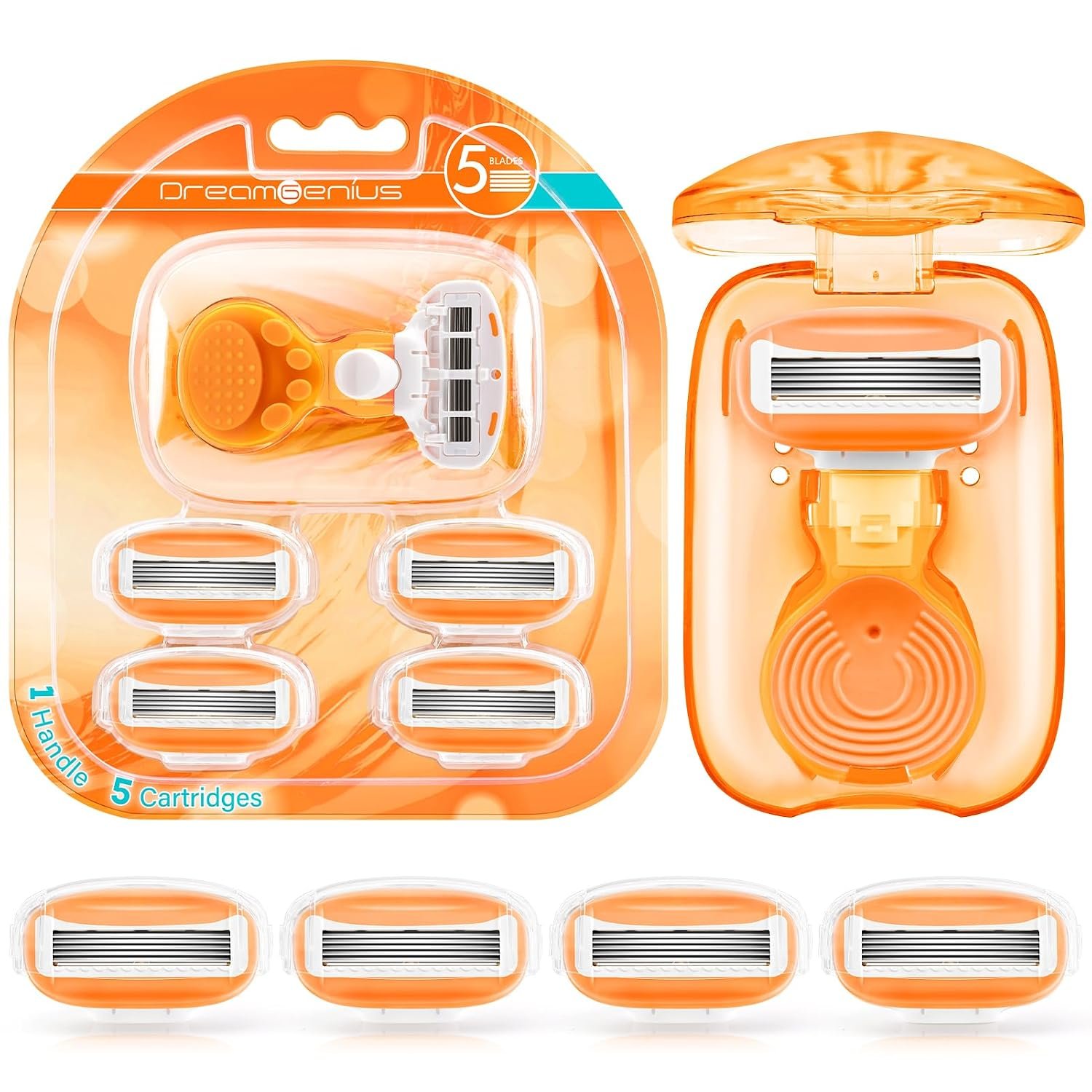 DreamGenius Travel Razors for Women Include 1 Handle 5 Cartridges, Orange