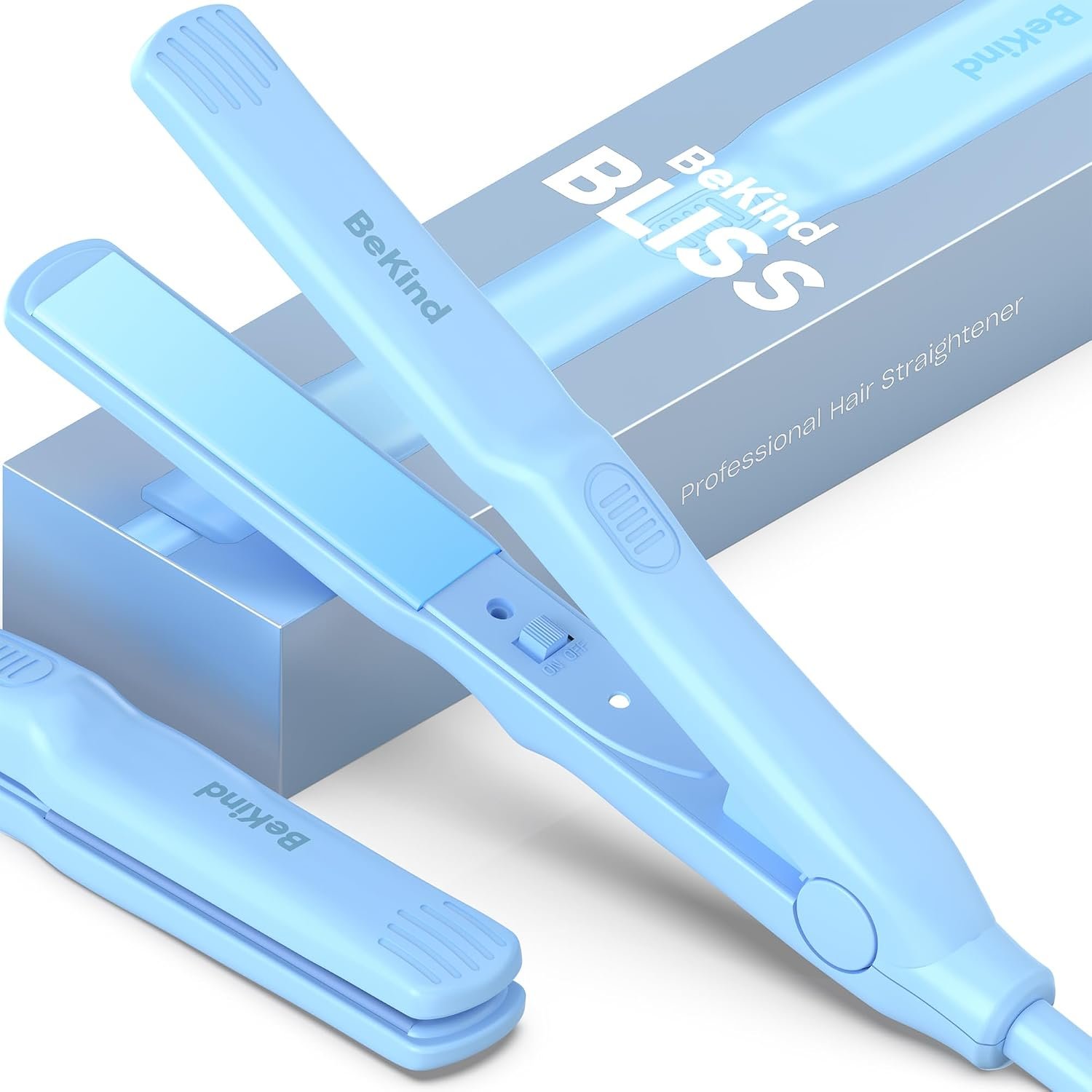 BeKind Bliss Hand-Sized Mini Hair Straightener – 0.7 Inch Portable Ceramic Small Flat Iron for Short Hair, Bangs, Curls – Lightweight, Dual Voltage Travel Hair Iron, Ideal for Styling – Blue
