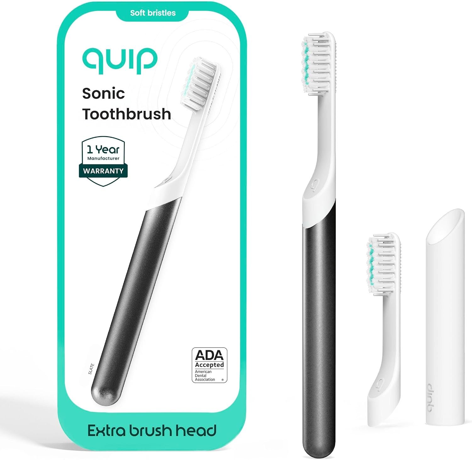 Quip Sonic Toothbrush for Adults with Timer – Includes Extra Brush Head and Travel Cover Mount – Electric, Soft Bristle Refill Head, Metal Handle, 3 Month Battery Life – Travel Toothbrush – Slate