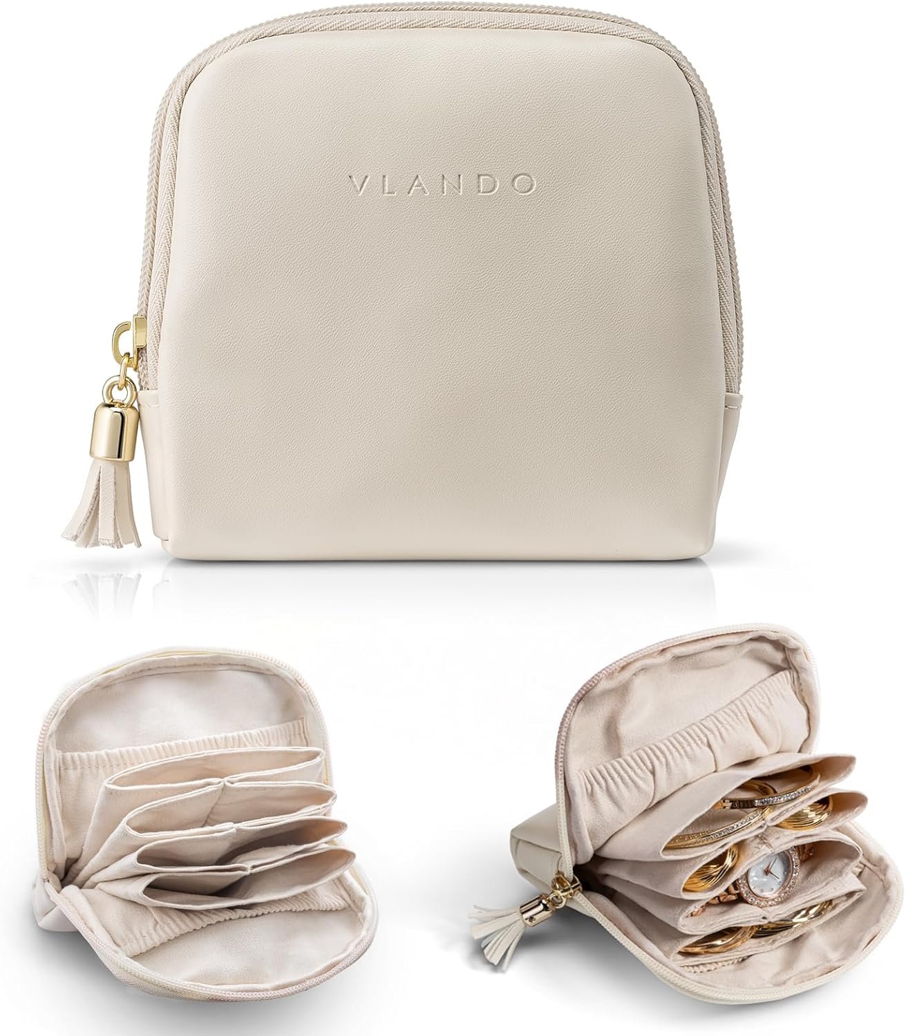VLANDO Small Travel Jewelry Case,Velvet Pouch Bags with Zipper, Cream White