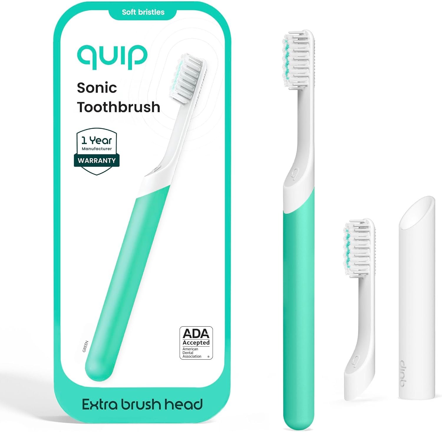 Quip Sonic Toothbrush for Adults with Timer – Includes Extra Brush Head and Travel Cover Mount – Electric, Soft Bristle Refill Head, Plastic Handle, 3 Month Battery Life – Travel Toothbrush – Green