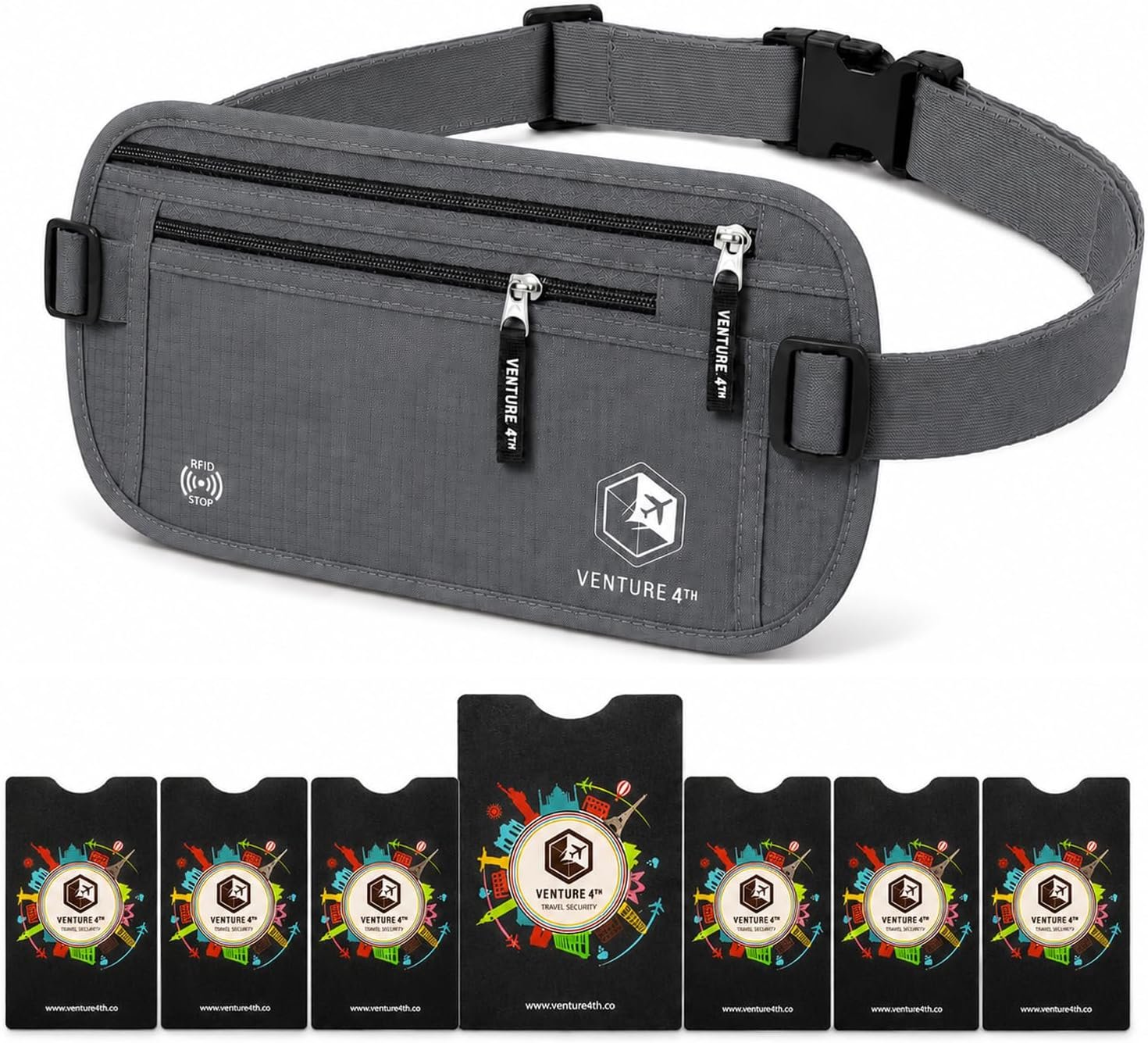 VENTURE 4TH Travel Money Belt with 7 RFID Sleeves – Gray