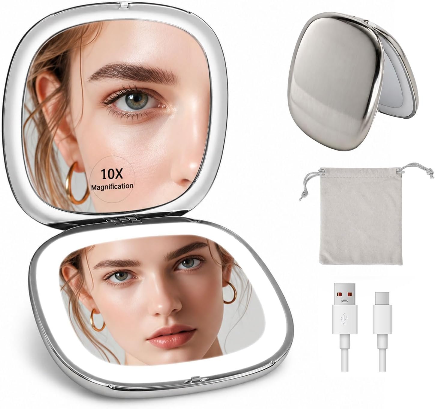 1X 10X Magnifying Compact Makeup Mirror, 3 Color Dimmable LED Lighted Travel Mirror, Double Sided 4″ Portable Handheld Mirror, Rechargeable Small Makeup Vanity Mirror for Purse Pocket – Ideal Gift