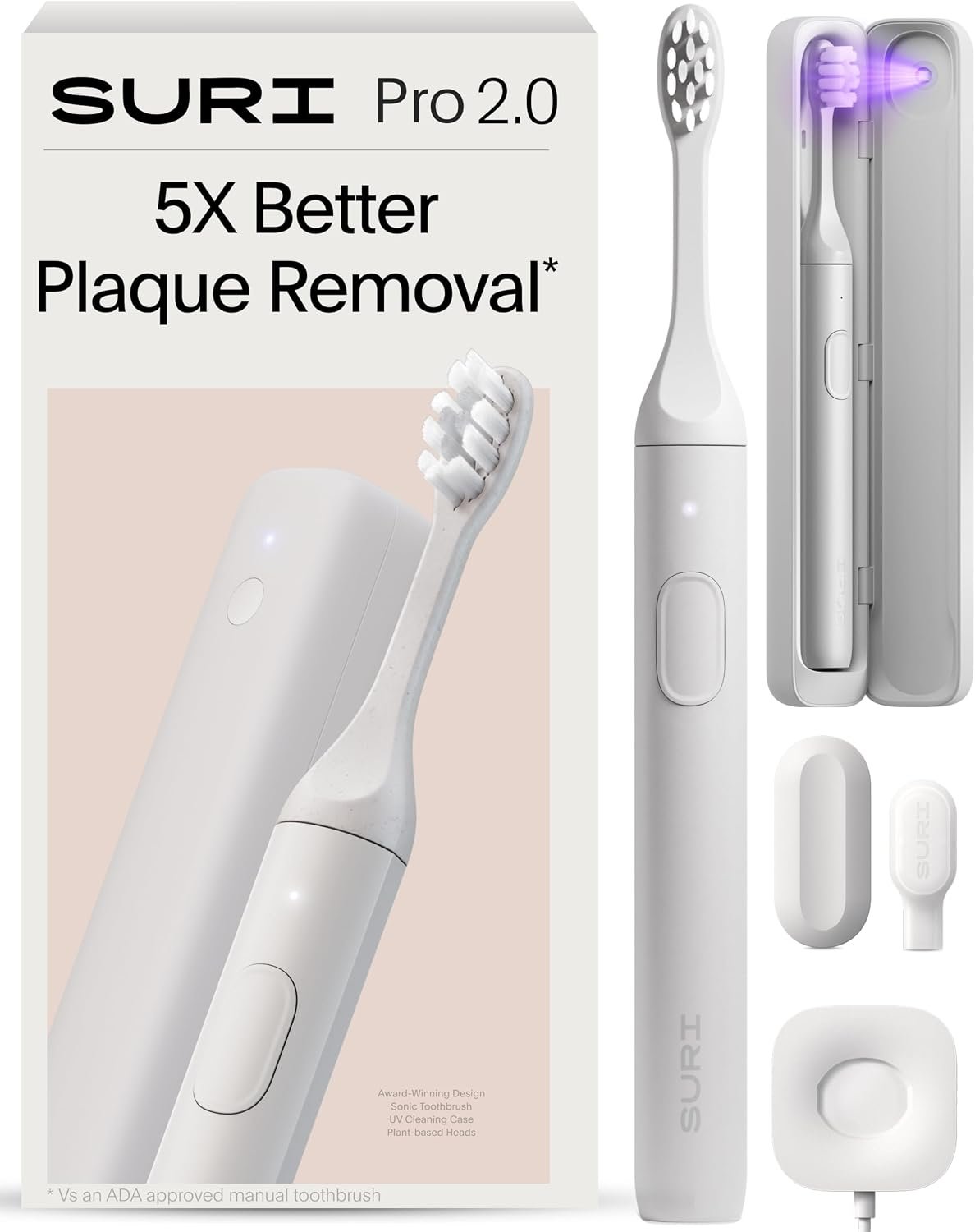 SURI Pro Sonic Electric Toothbrush | Over 4+ Weeks Battery | UV Cleaning Travel Case | Pressure Sensor | Aluminium Body | 2-Minute Timer | Plant-Based Heads | White