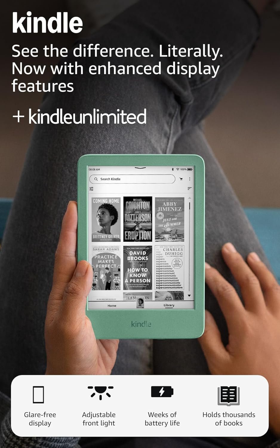 Amazon Kindle 16 GB (newest model) – Lightest and most compact Kindle, now with faster page turns, and higher contrast ratio, for an enhanced reading experience – Matcha + 3 Months of Kindle Unlimited (with auto-renewal)