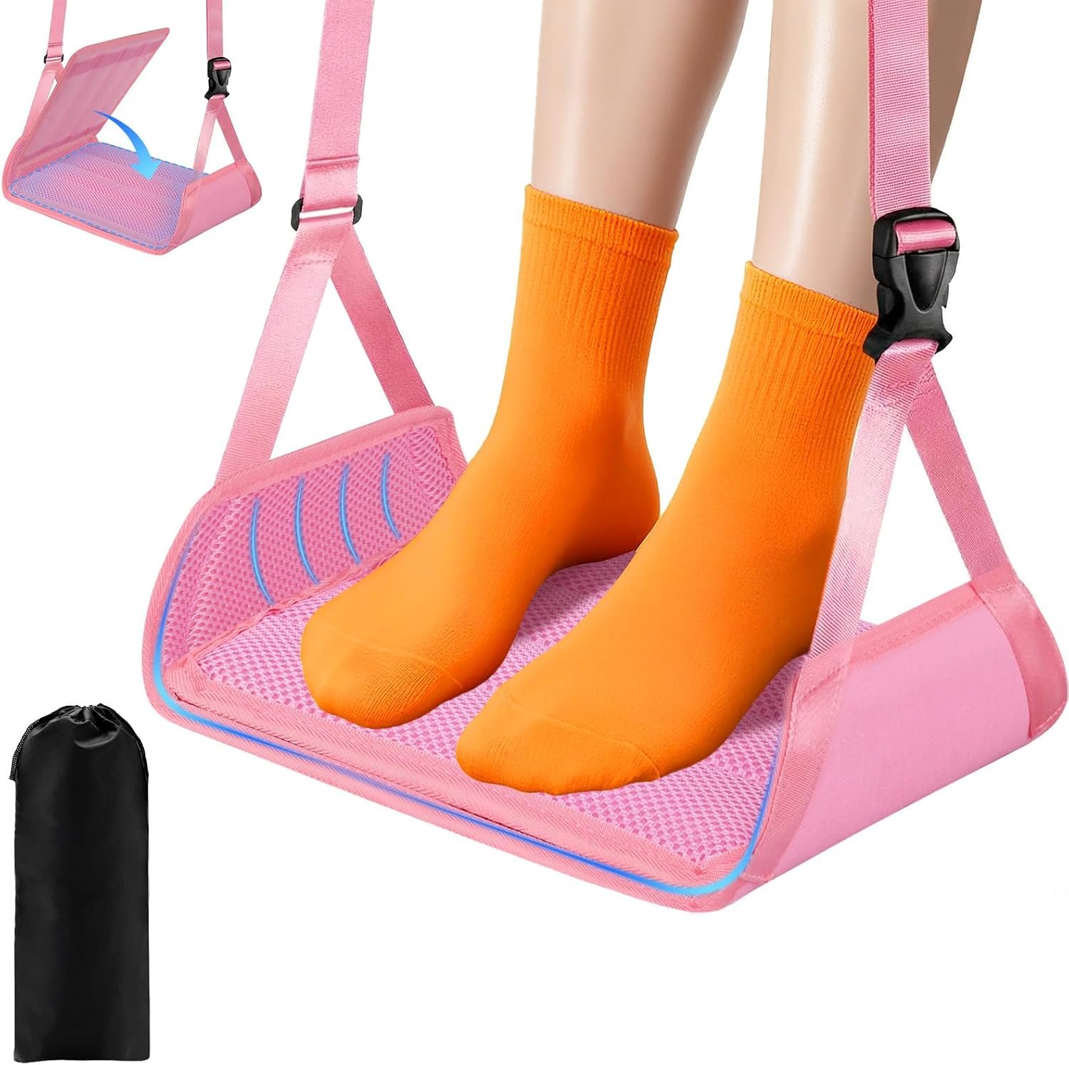 ExploreBliss Airplane Foot Rest – Lightweight Foot Hammock for Plane Travel with Adjustable Strap & Thick Board, Tray Table Under Desk Footrest to Relax Feet, Travel Essentials for Long Flights(Pink)