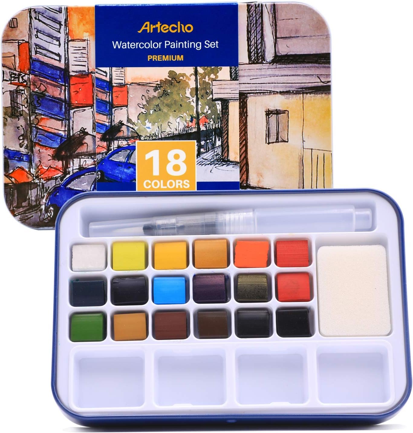 Artecho 18 Colors Watercolor Paint Set, Portable Travel Tin Box with Brush