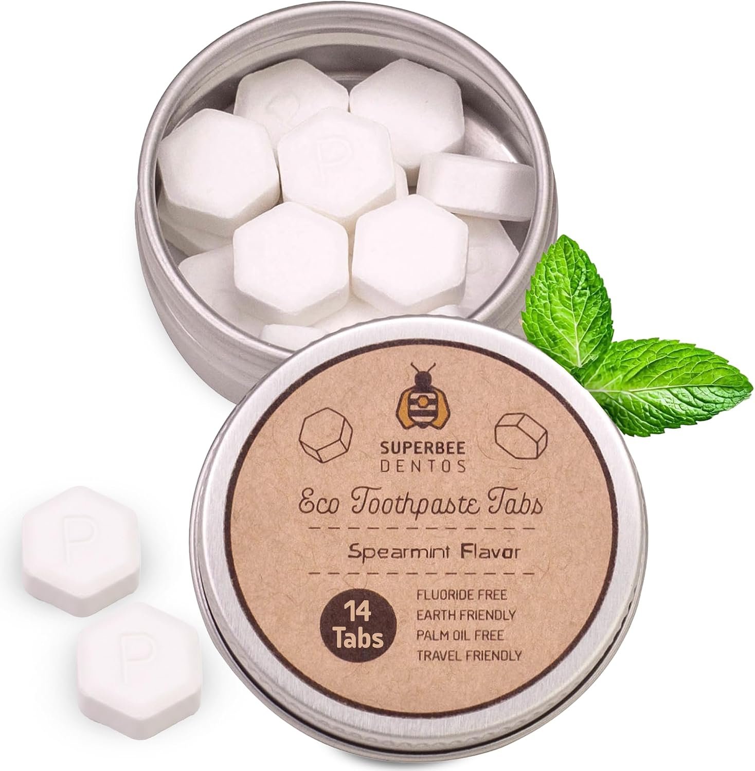 SuperBee Dentos Toothpaste Tablets 14 Tabs Fluoride Free Spearmint Travel