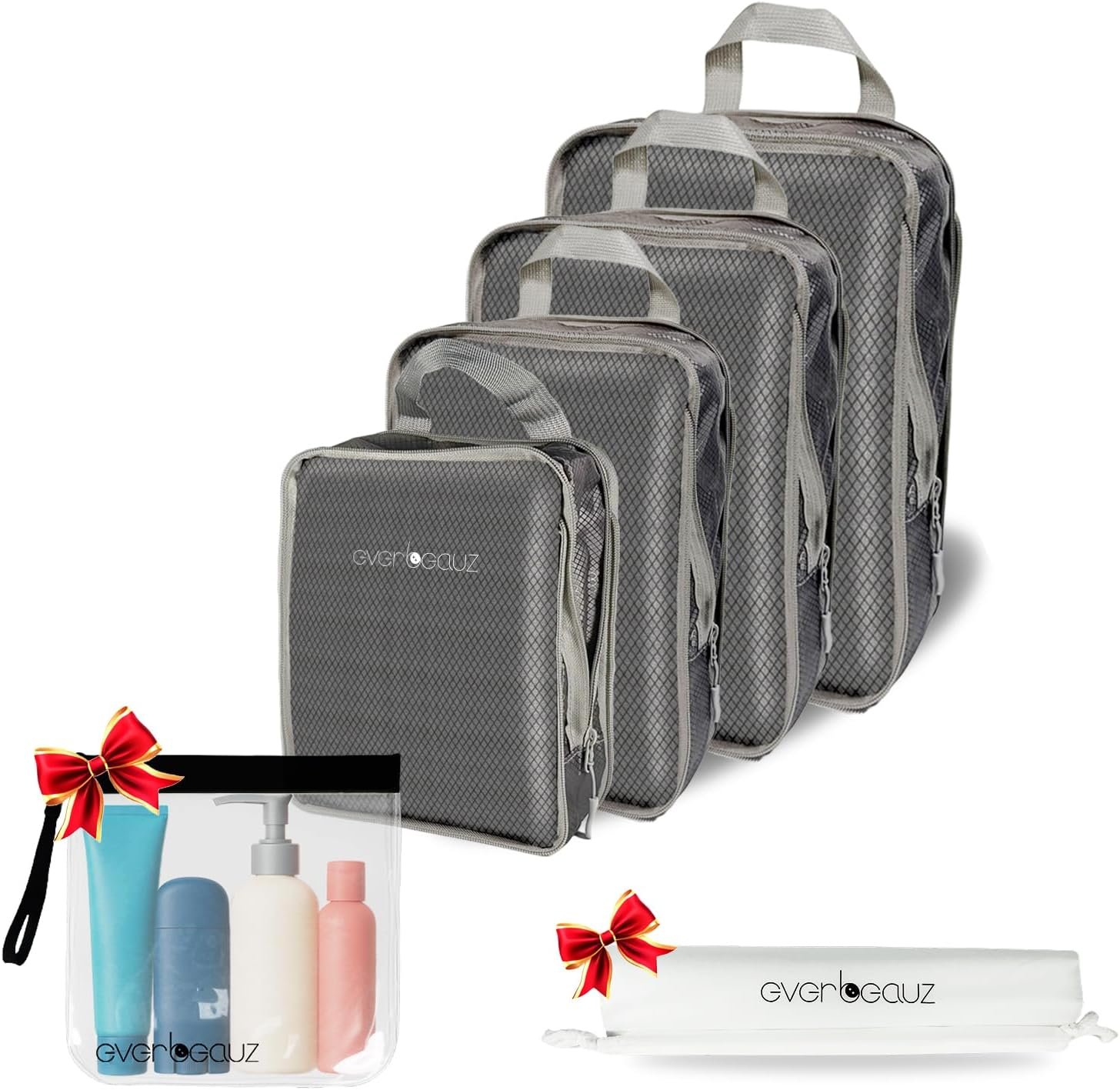 Packing Cubes for Travel – Sturdy, Lightweight & Waterproof Compression. A Durable and Tidy Packing Solution for Easy Travel Organization. Includes Toiletry and Shoe Bags (Grey)