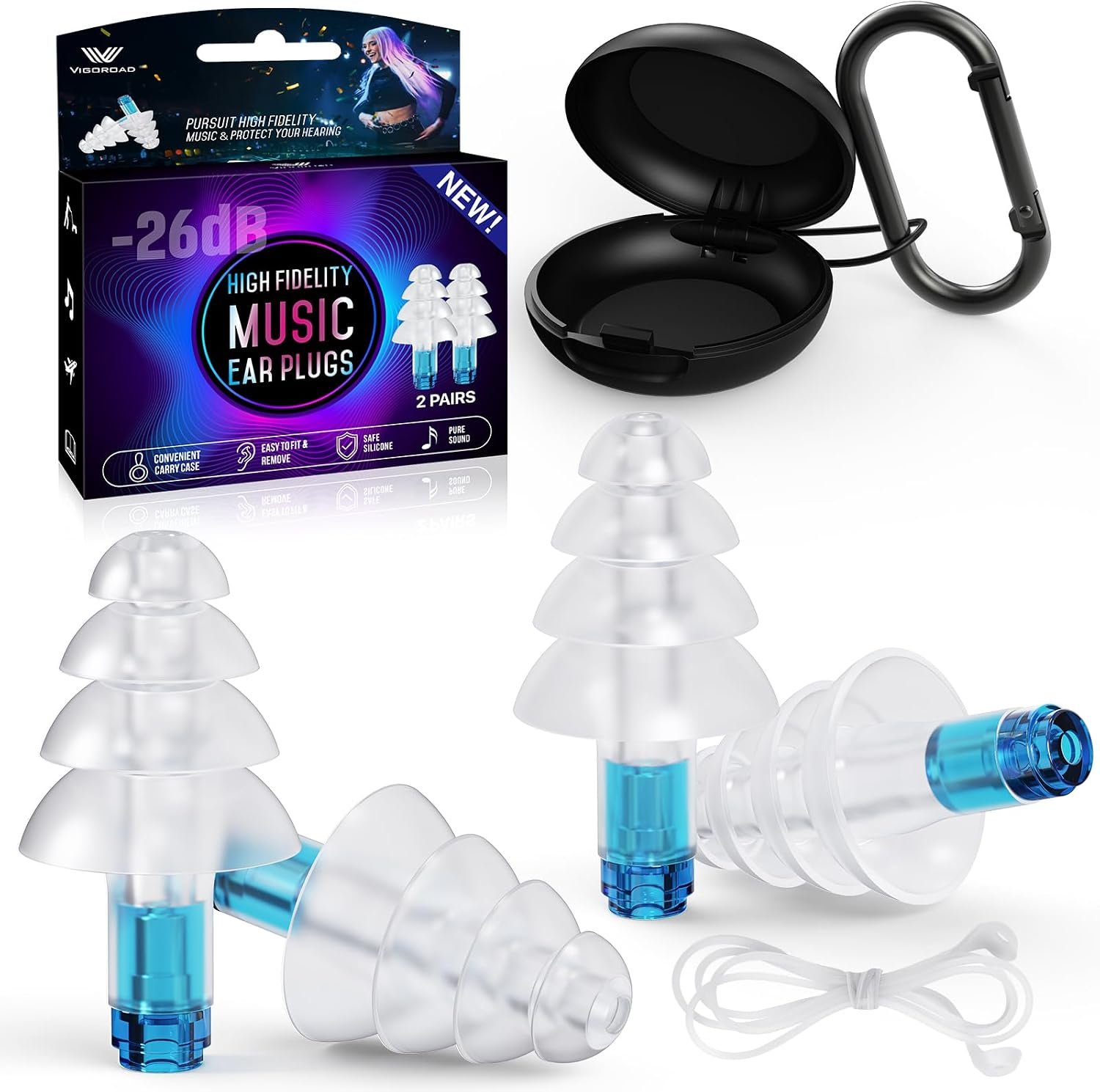 Concert Ear Plugs, 2 Pairs Adults Soft Silicone Reusable High Fidelity Musician Earplugs 26dB, with Silicone Connector Cord, Ear Protection Earplugs for Rave, Festival, Music,Tinnitus Relief