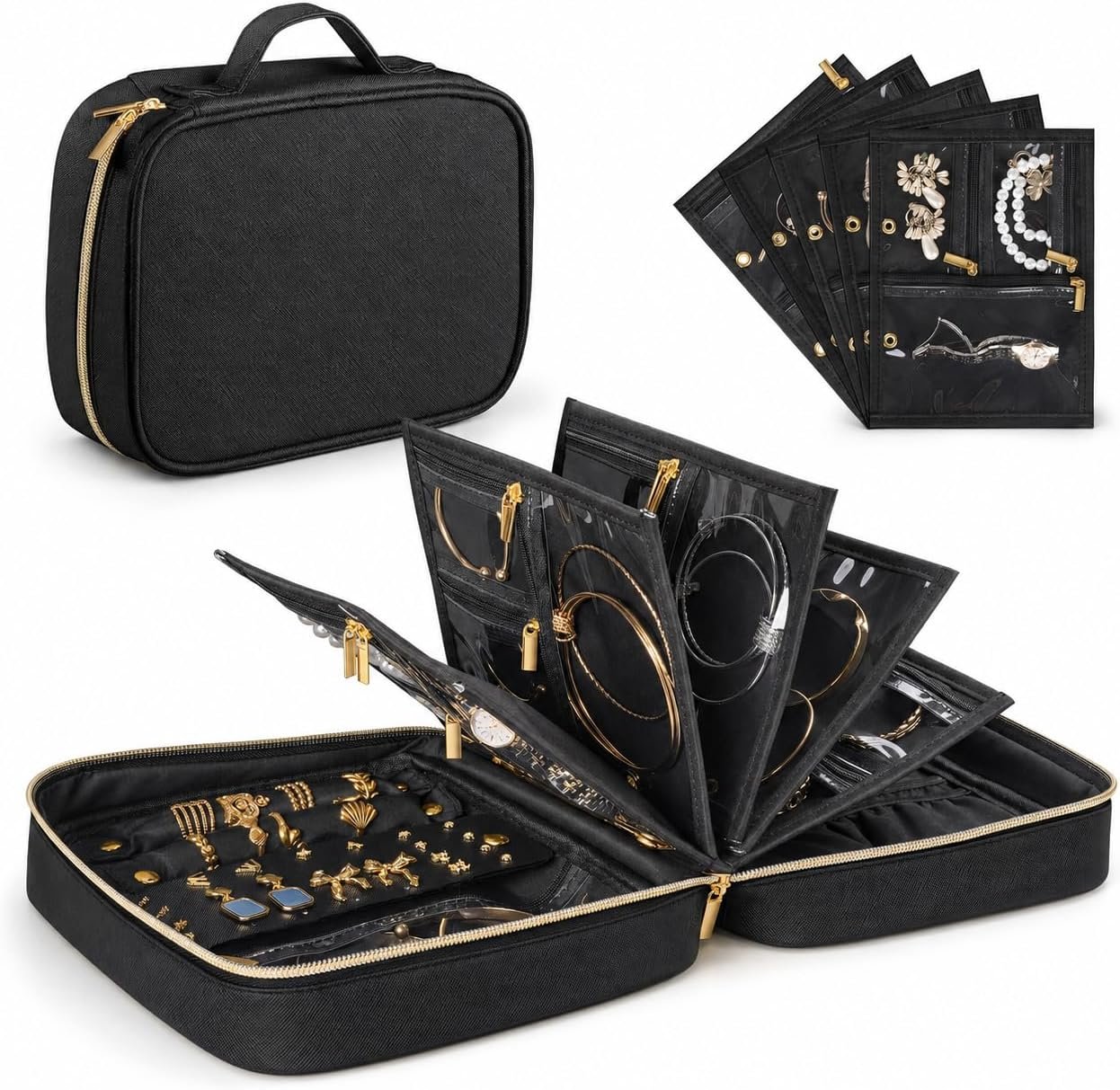 Travel Jewelry Case Organizer for Women, Detachable Pouches (Black)