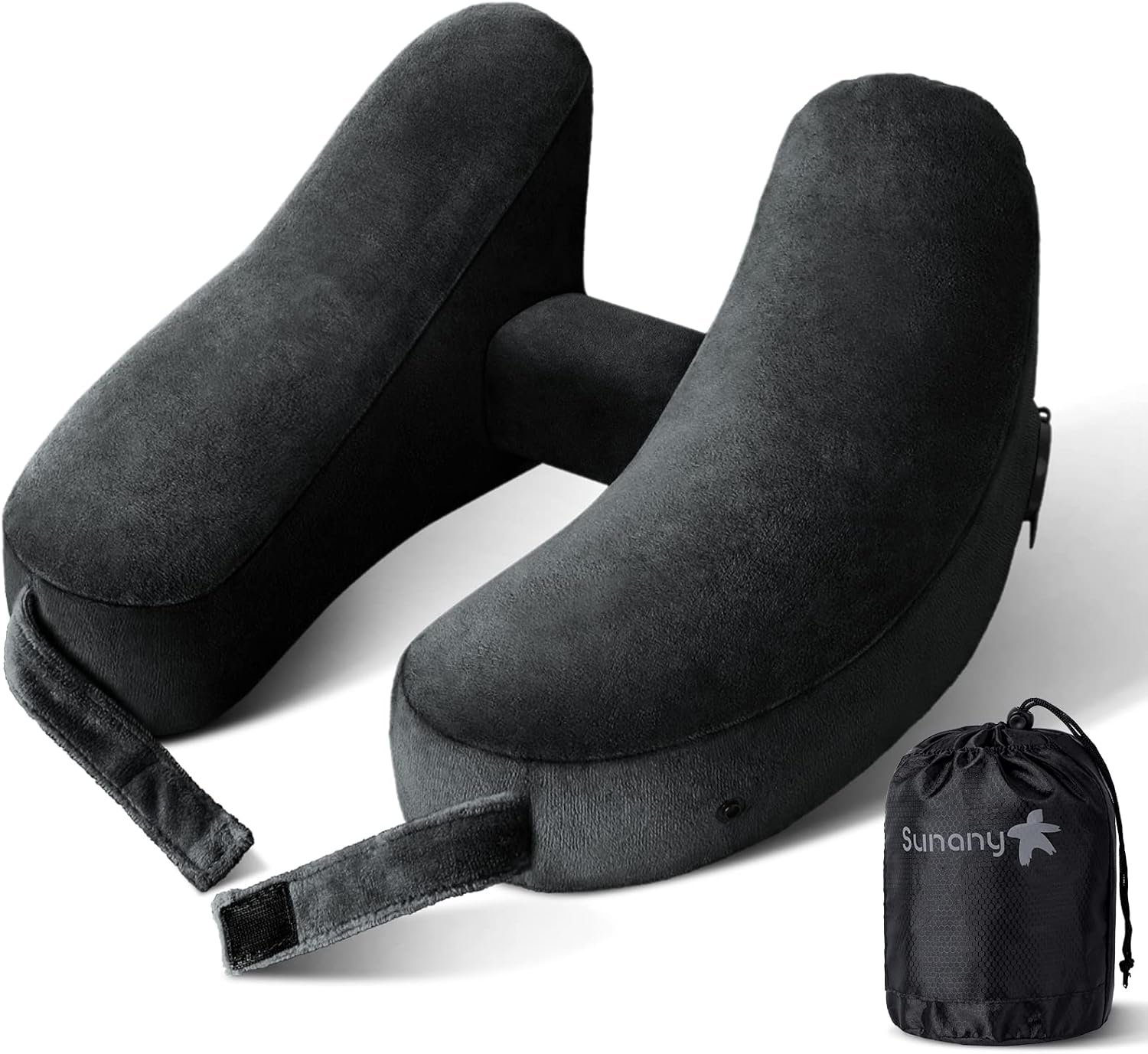 Sunany Travel Neck Pillow for Airplane Pillow Comfortably Supports Head, Neck and Chin, Inflatable Travel Pillow with Soft Velour Cover and Portable Drawstring Bag (Black, H-Shape)