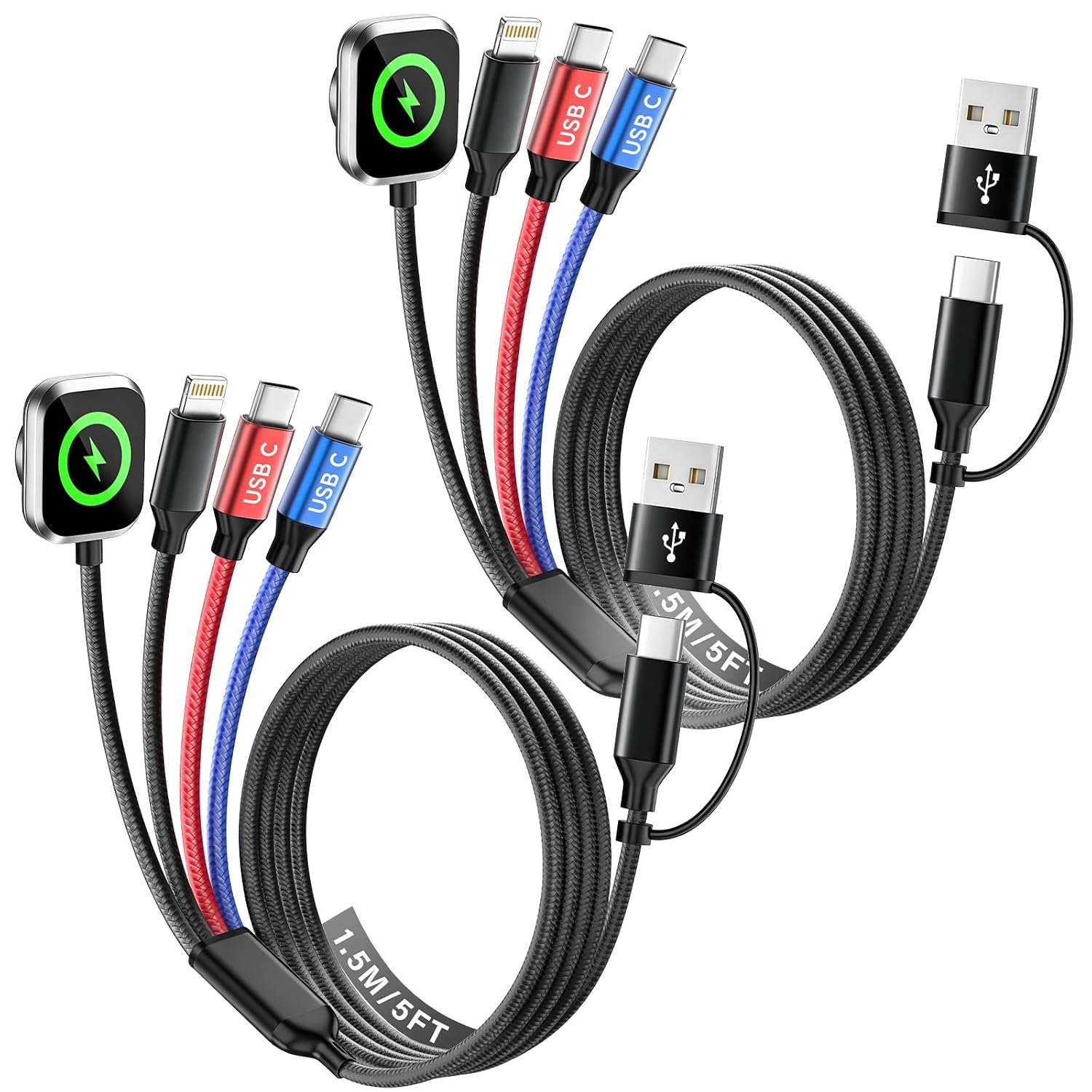 Travel Essentials 4-in-2 Multi Charging Cable for Apple Watch Charger, 5FT