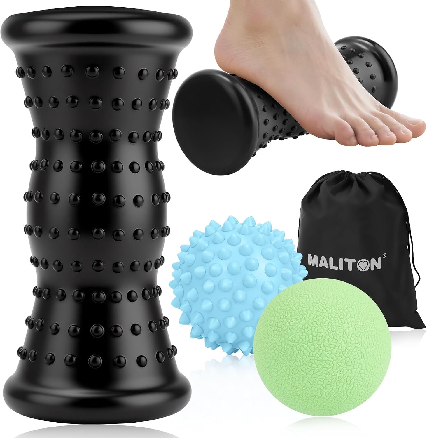 Maliton Massage Ball & Foot Roller – 3-in-1 Set with Spiky Ball, Lacrosse Ball, Massage Roller – Plantar Fasciitis Relief and Heel Spur Pain, Trigger Point Therapy for Deep Muscle Massage.