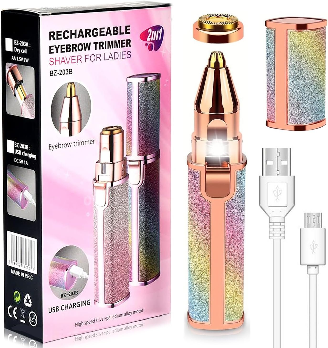 2 in 1 Facial Hair Remover & Eyebrow Trimmer for Women – Rechargeable Electric Trimmer with LED Light, IPX6 Waterproof Painless Flawless Hair Remover, Portable Facial and Eyebrow Trimmer