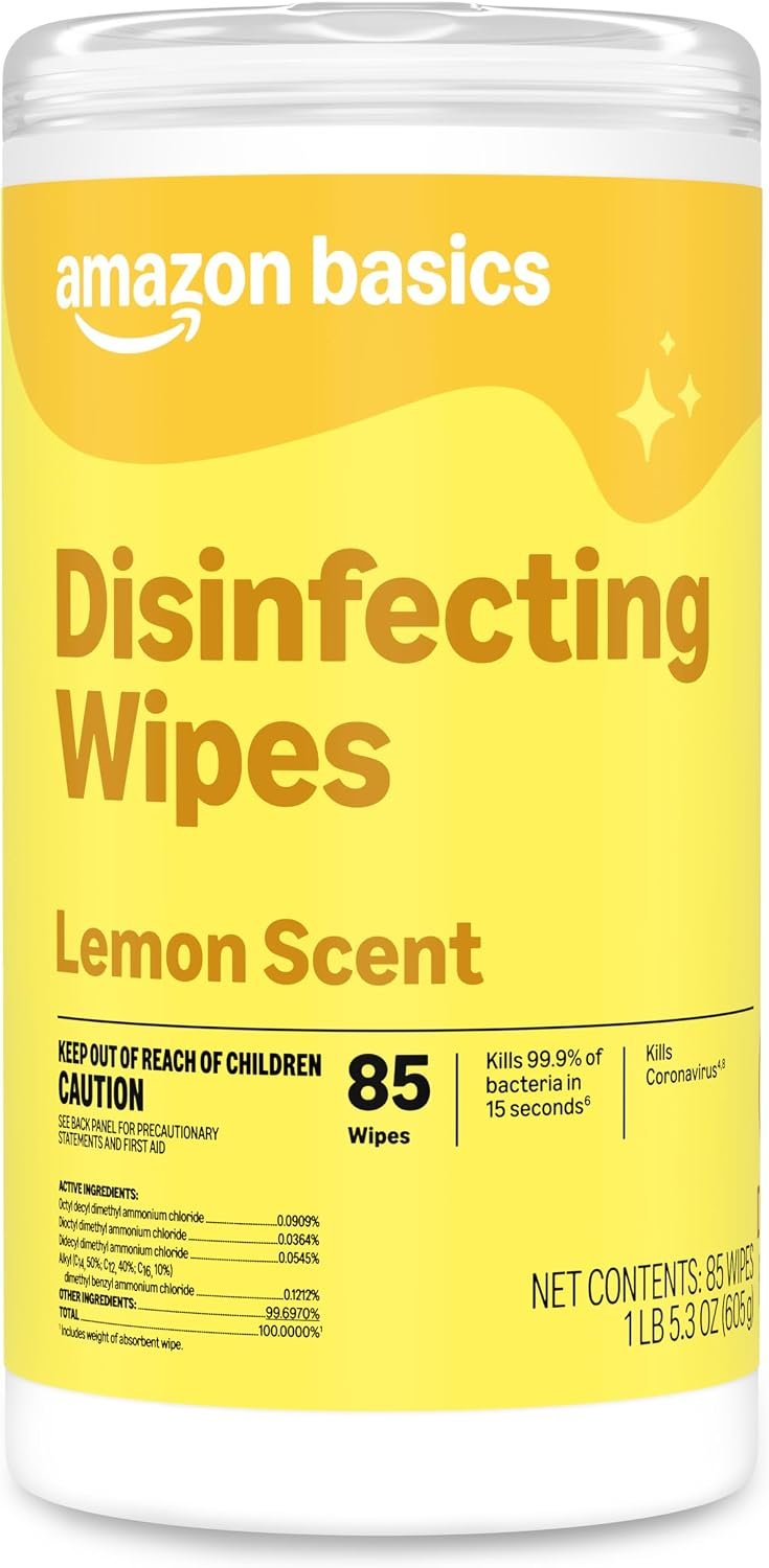 Amazon Basics Disinfecting Wipes, Lemon Scent, Thick All Purpose Cleaning Wipes, Sanitizes/Cleans/Disinfects/Deodorizes, 85 Count