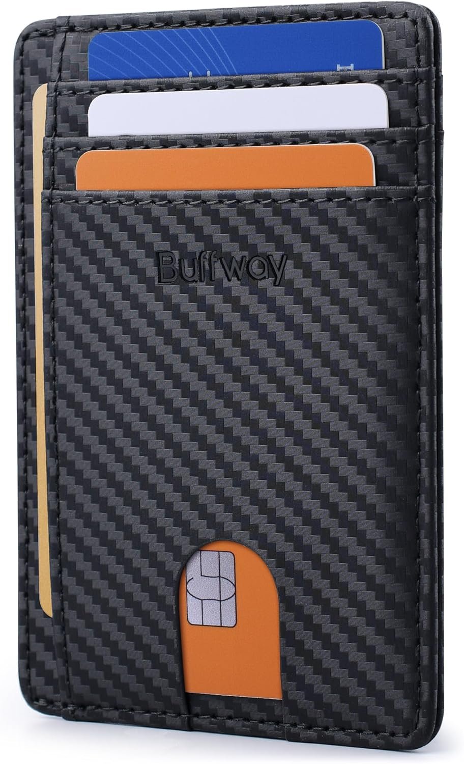 Buffway Slim Minimalist Front Pocket RFID Blocking Leather Wallets for Men and Women – Carbon Fiber Black