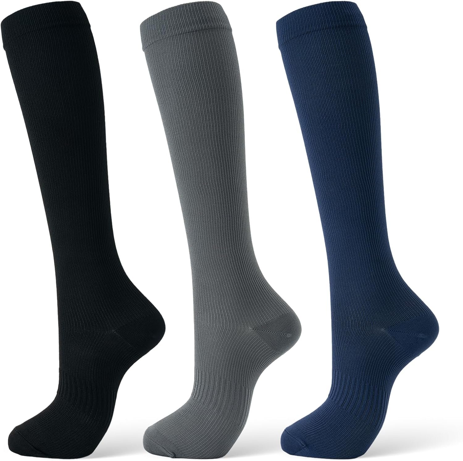 Compression Socks for Women & Men 15-20 mmHg, Knee High, 3 Pairs