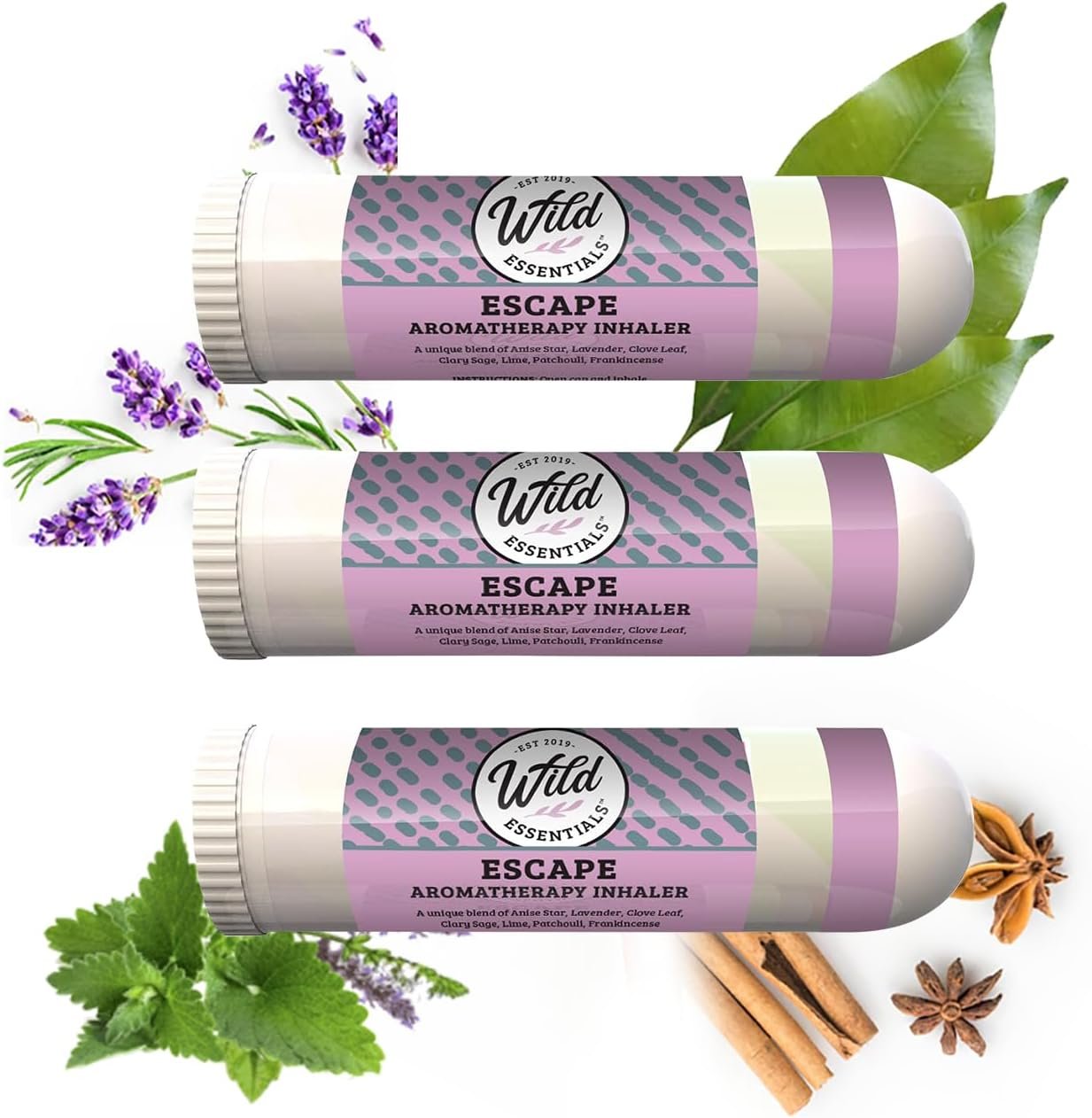 Wild Essentials 3 Pack of Escape Aromatherapy Nasal Inhalers Made with Premium Grade Essential Oils, Day Dream, Relaxation, Stress, Meditation,