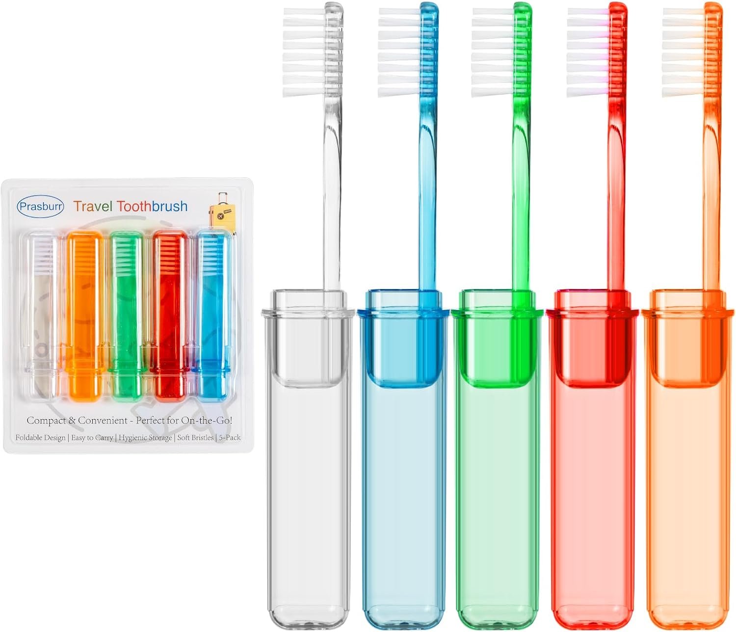 Travel Toothbrush – Folding Toothbrush, Transparent Foldable Handle, Soft Toothbrushes for Adults, Multicolor Pack of 5