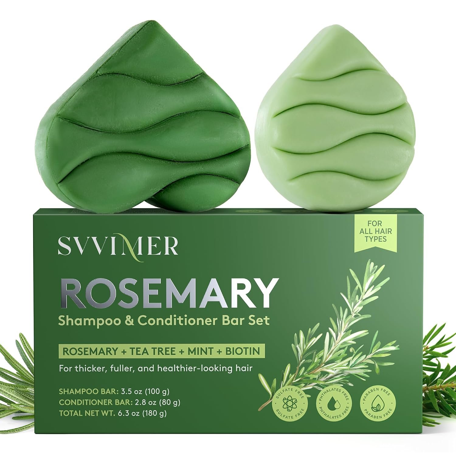 SVVIMER Rosemary Shampoo and Conditioner Bars – Rosemary Tea Tree Mint Biotin Solid Hair Care Set for Thicker Fuller-Looking Hair – Sulfate Free, pH Balanced, Color Safe, 6.3 oz