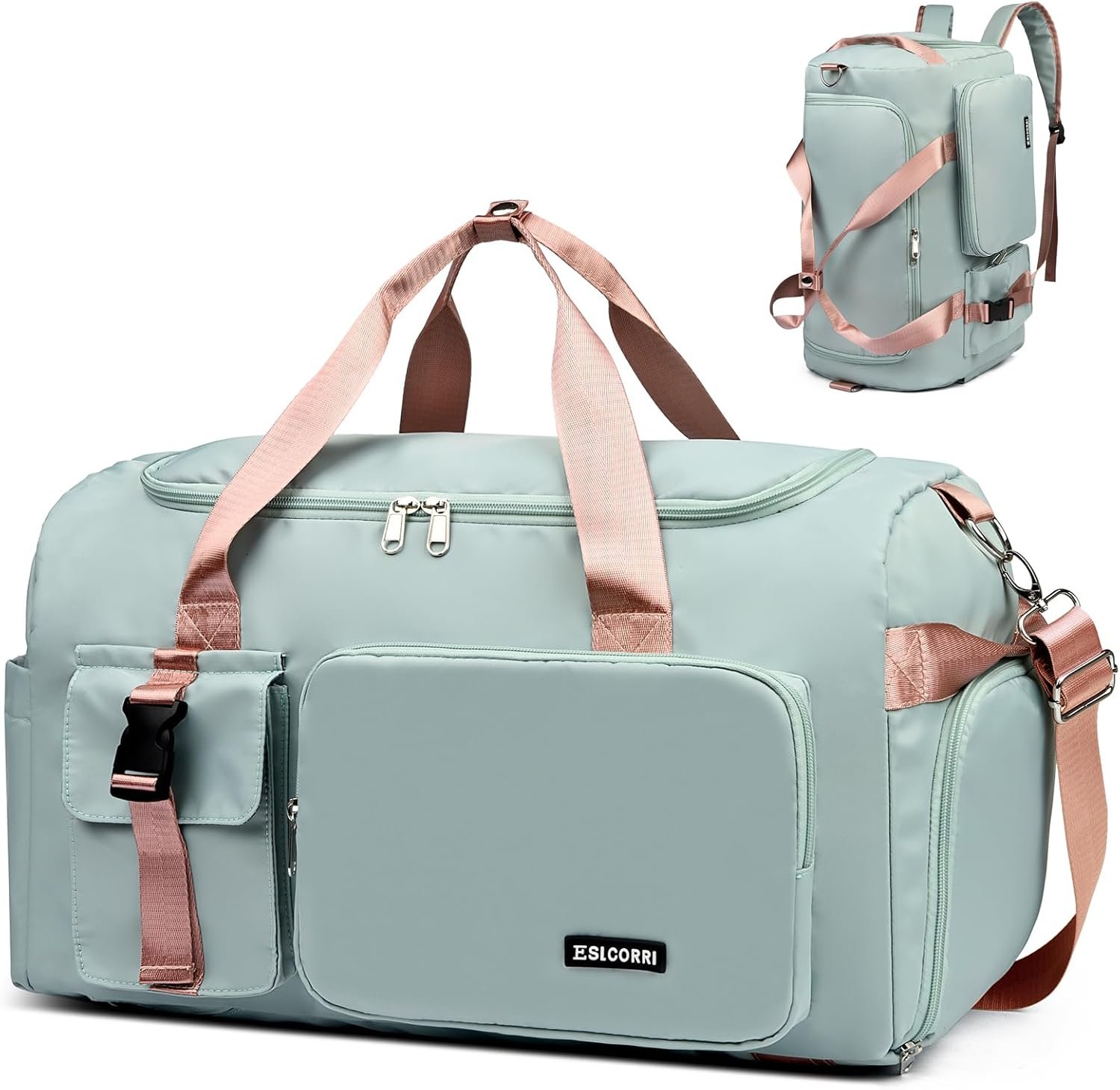 Eslcorri Gym & Travel Duffel Bag Backpack with Shoe & Wet Pocket, GreenPink