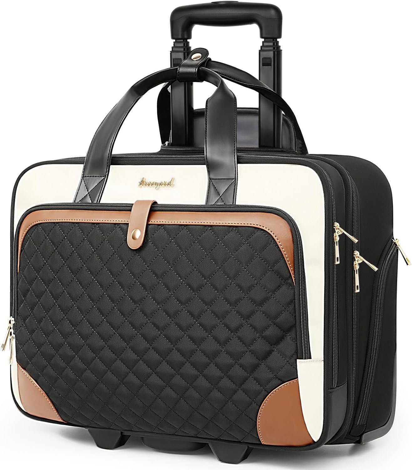 Arcoyard Rolling Laptop Bag, Rolling Briefcase for Women with Waterproof Pocket, 17 Inch Computer Bag, Underseat Carry On Luggage with Wheels for Work Travel Business, Lightweight Beige Brown