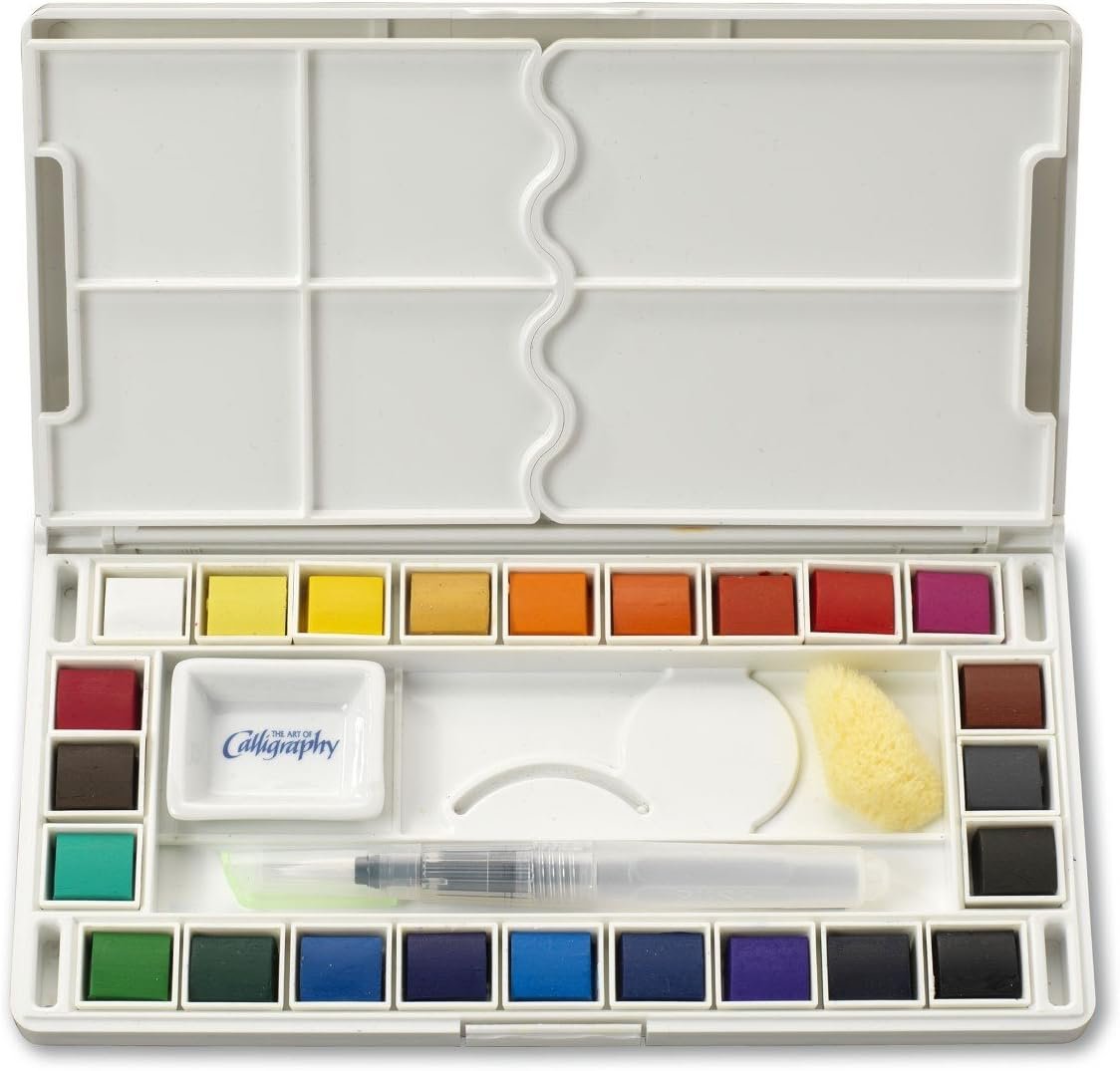 24 Assorted Water Colors Travel Pocket Set- Quality Refillable Water Brush with Sponge – Easy to Blend Colors – Built in Palette – Perfect for Painting On The Go JQ-124
