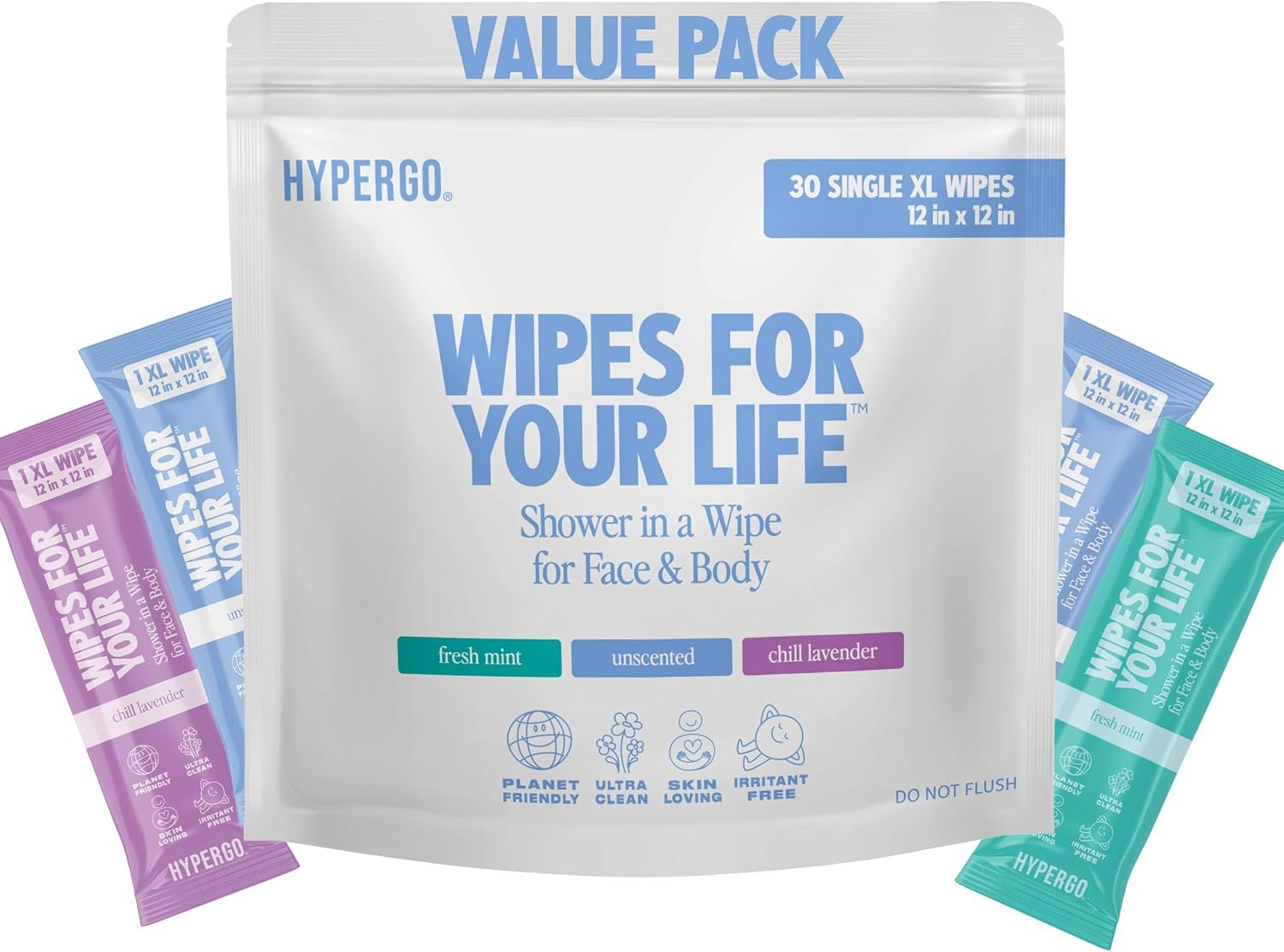 HyperGo XL Single Body Wipes for Women & Men – 12″ x12″ Rinse-Free Full Body Cleansing 30 Count Pack – Mint | Biodegradable, Hypoallergenic, Aloe-Infused | Gym, Festival, Camping Essentials