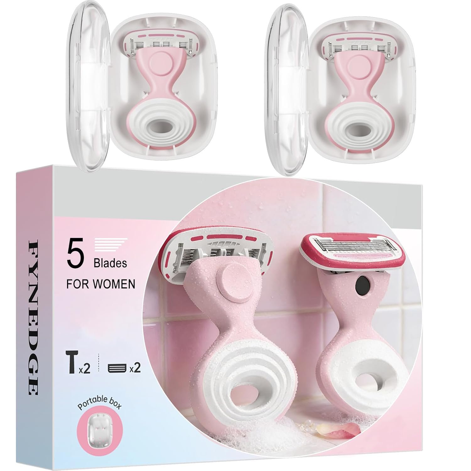 Set of 2 Travel Razors for Women, Include 2 Handles 2 Cartridges 2Cases