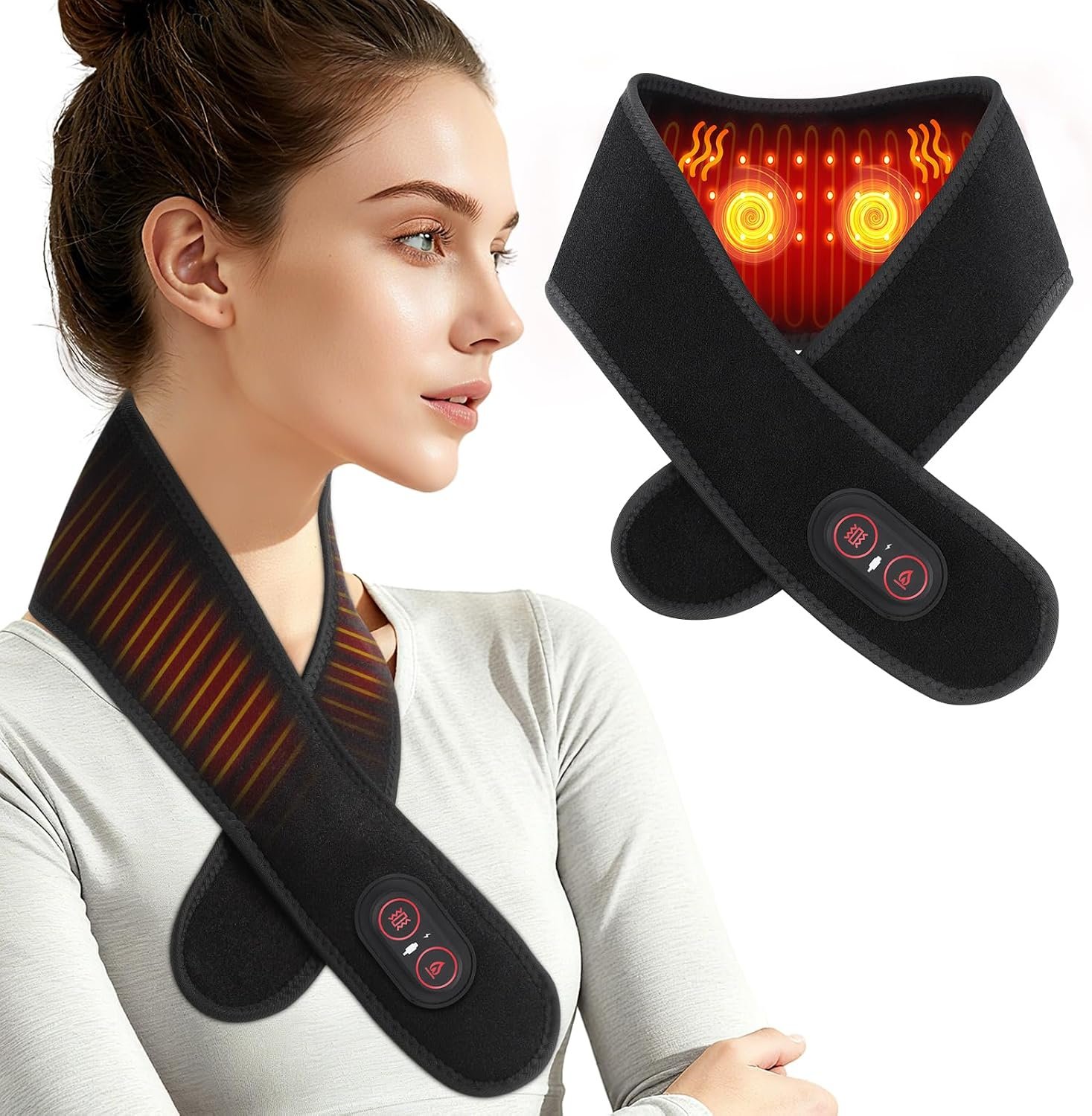 Neck Heating Pad, Cordless Neck Heating Pad for Pain Relief, Electric Heated Neck Wrap with 660nm & 850nm Red Light, 3000mAh Battery, 3 Levels Heat & Massage