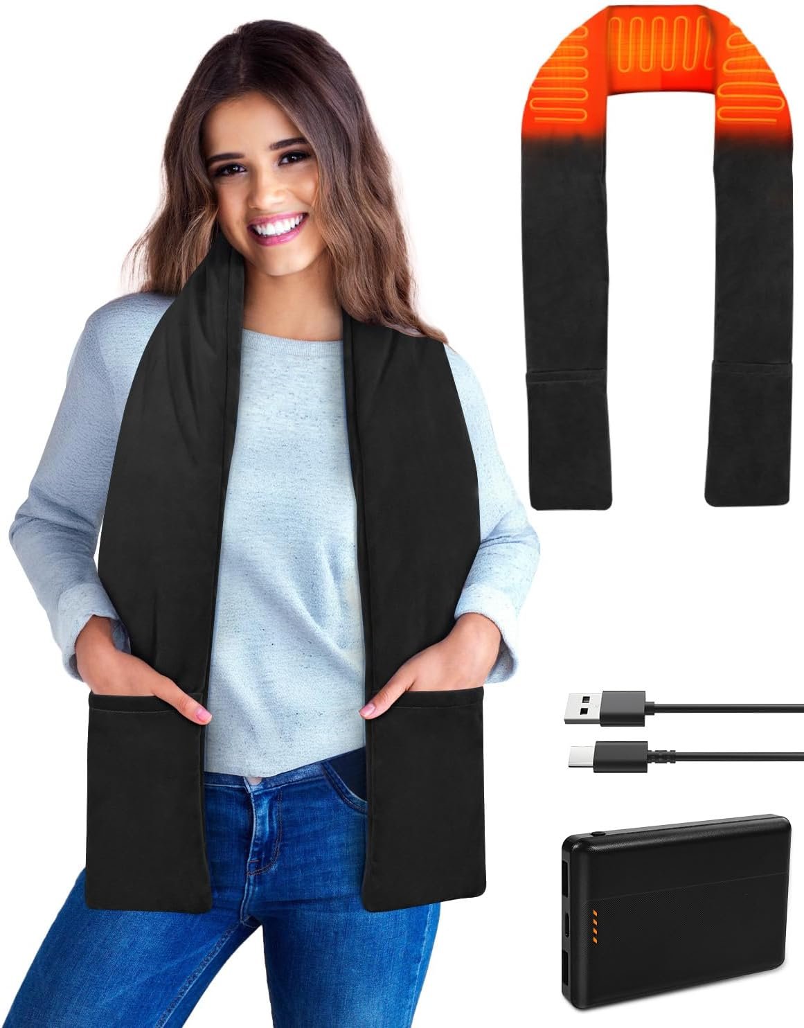Heated Scarf Neck Heating Pad with 10000mAh Power Bank, Long Heated Neck Wrap for Neck Pain Relief, Cordless Portable Neck Warmer with Pocket for Home, Outdoor, Gift for Women & Men(Black)